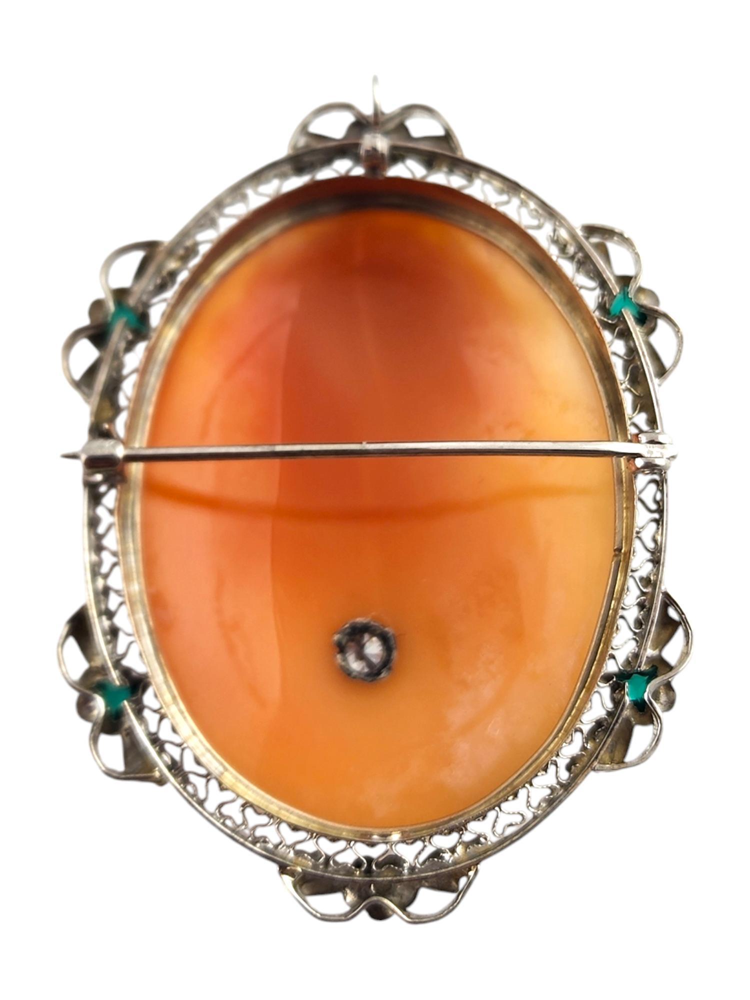 14 Karat White Gold Diamond & Green Stone Cameo Brooch/Pendant #18740 In Good Condition For Sale In Washington Depot, CT
