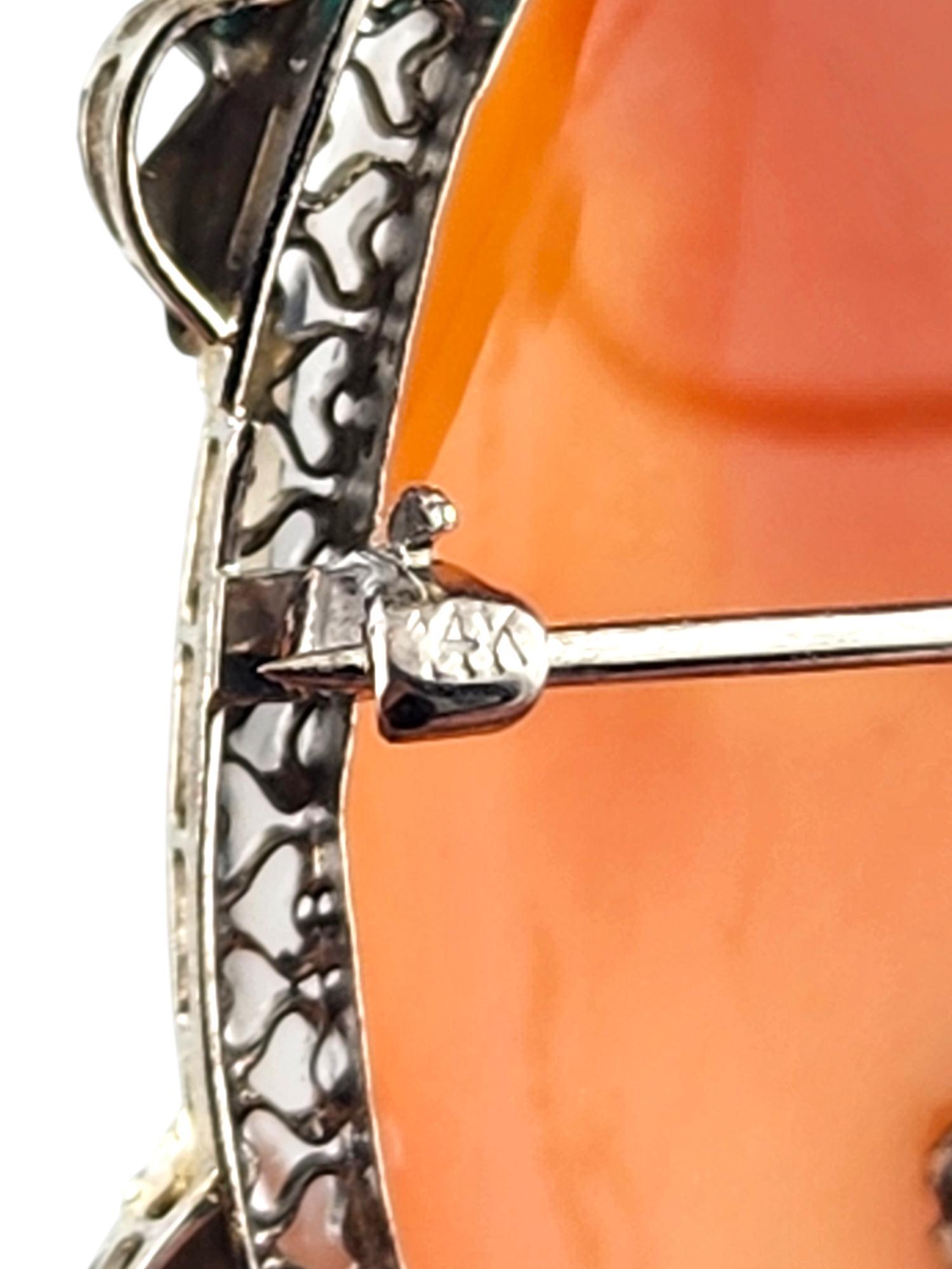 Women's 14 Karat White Gold Diamond & Green Stone Cameo Brooch/Pendant #18740 For Sale