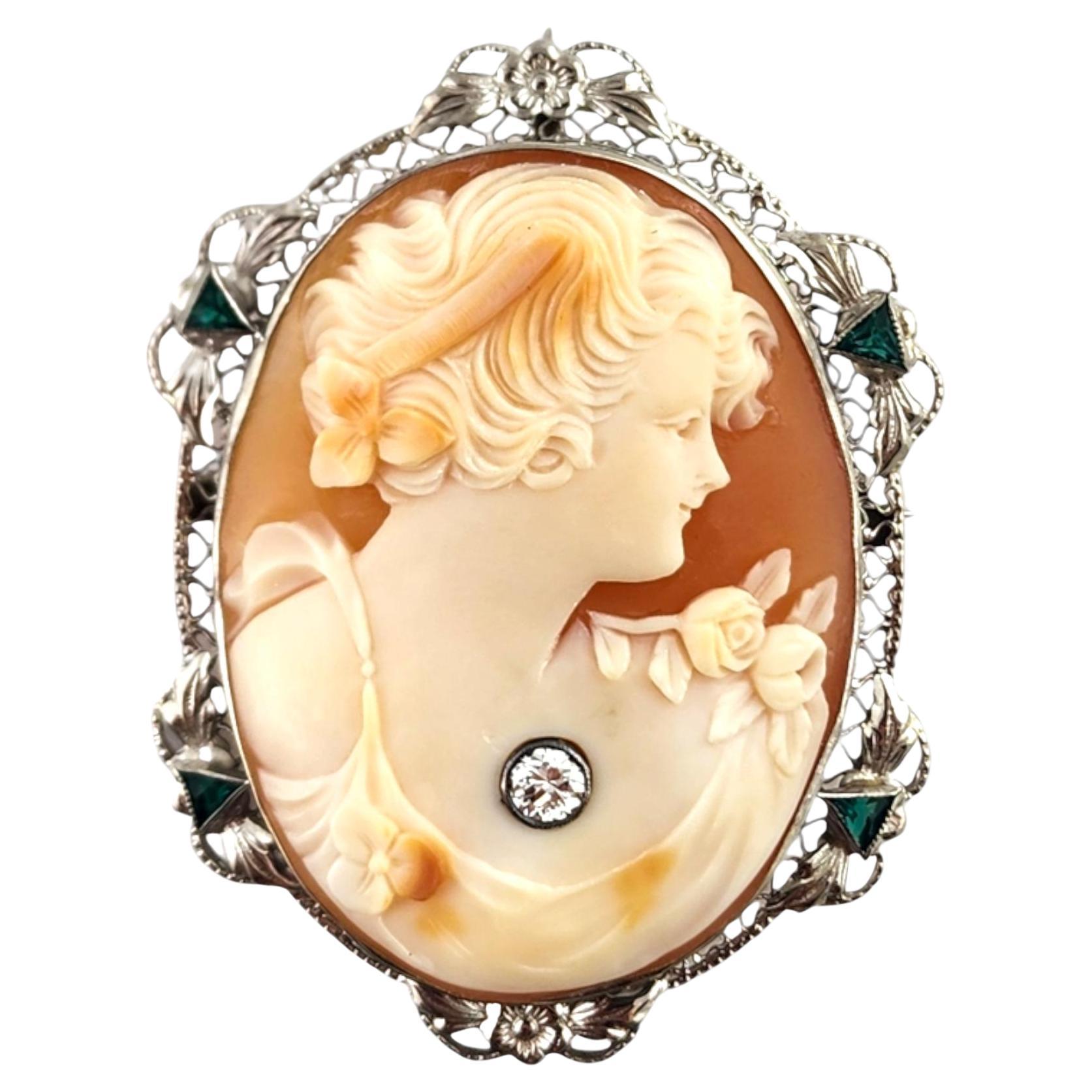 14 Karat White Gold Diamond & Green Stone Cameo Brooch/Pendant #18740 For Sale