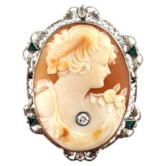 Vintage 14 Karat White Gold Diamond & Green Stone Cameo Brooch/Pendant #18740