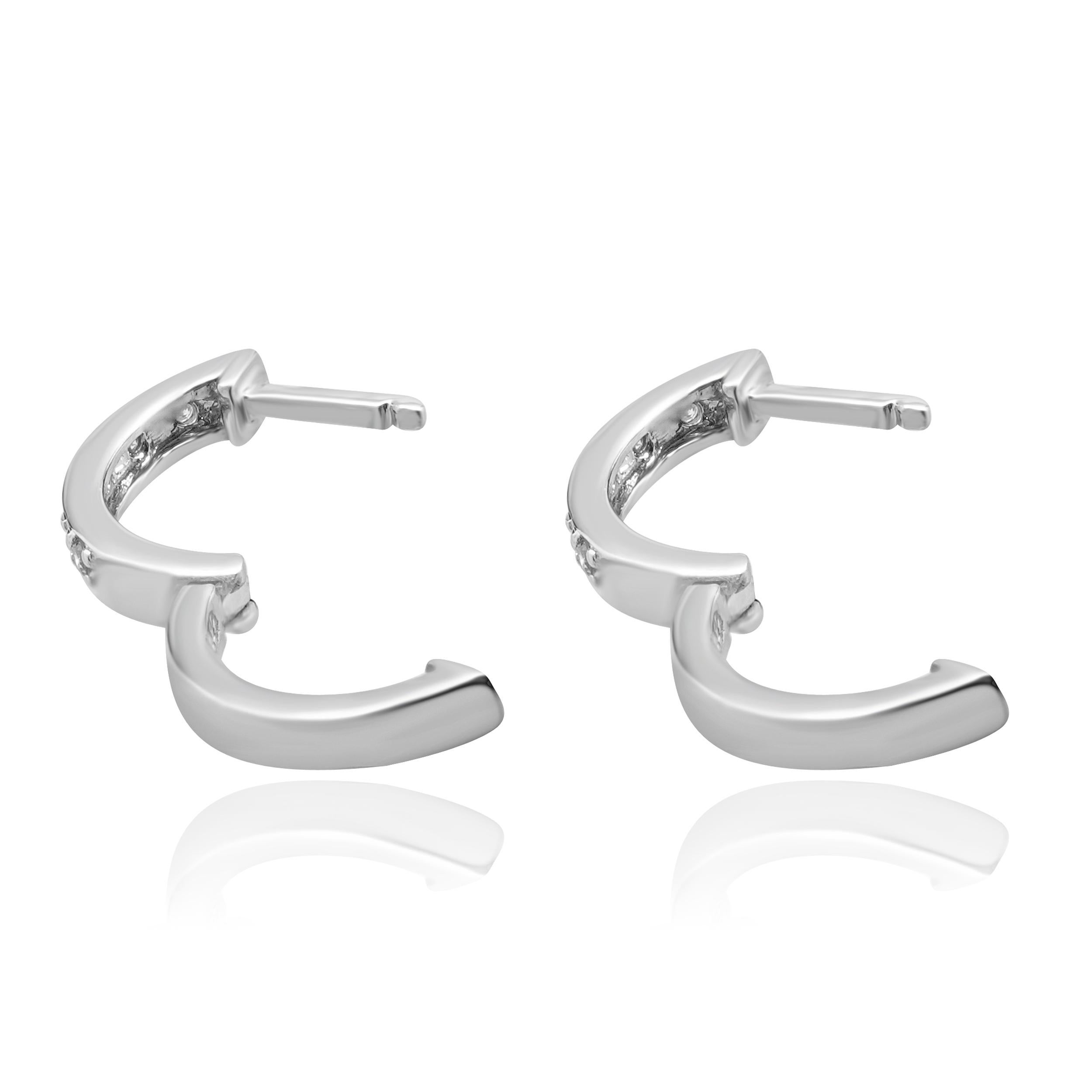 Round Cut 14 Karat White Gold Diamond Half Hoop Earrings For Sale