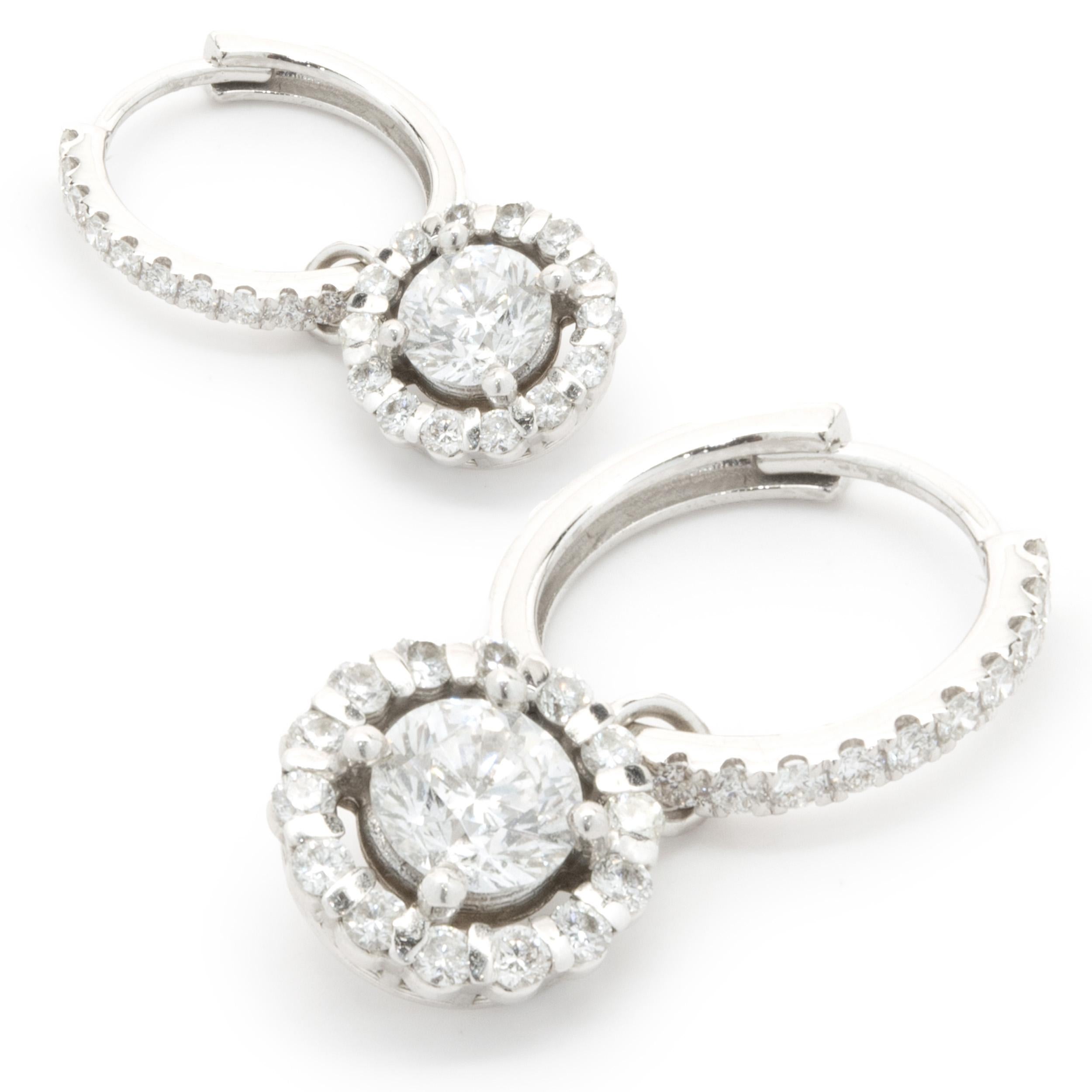 18 Karat White Gold Diamond Halo Drop Earrings In Excellent Condition For Sale In Scottsdale, AZ