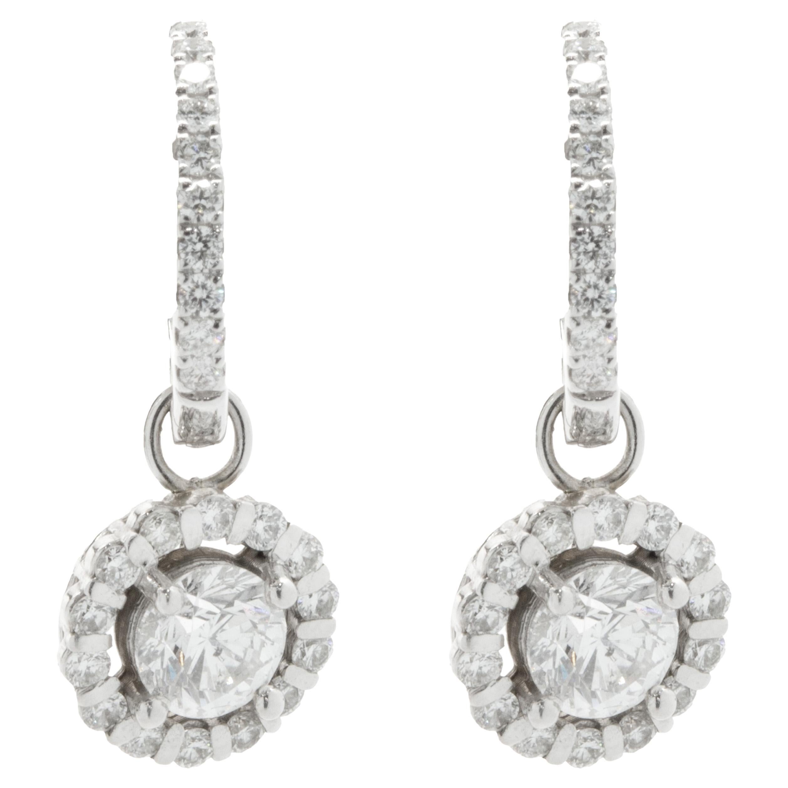 18 Karat White Gold Diamond Halo Drop Earrings For Sale