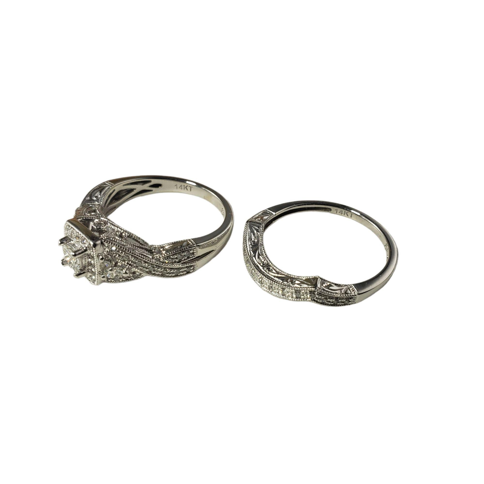 Princess Cut 14 Karat White Gold Diamond Halo Engagement Ring and Wedding Band Set Ring Size  For Sale