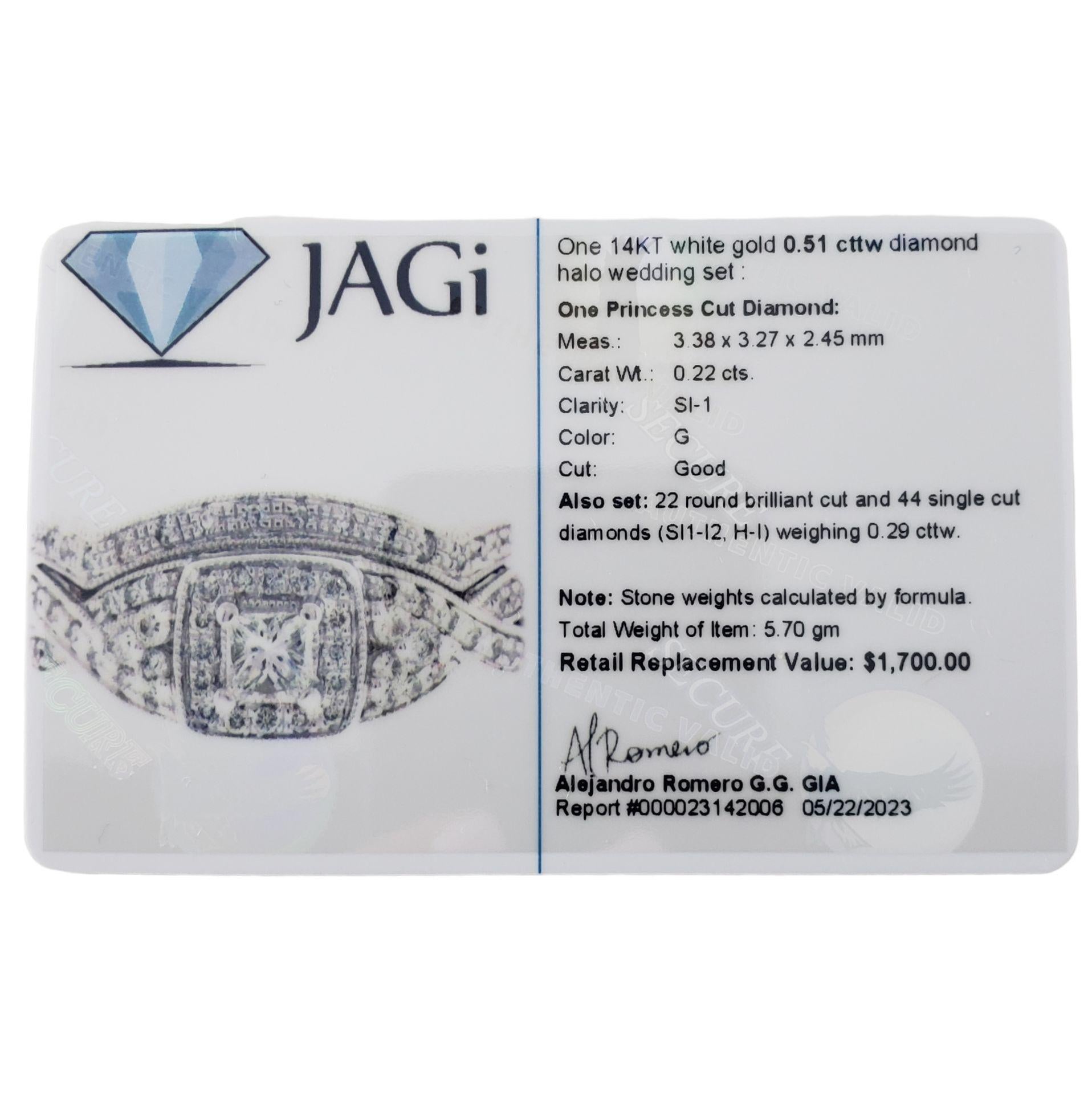 Women's 14 Karat White Gold Diamond Halo Engagement Ring and Wedding Band Set Ring Size  For Sale