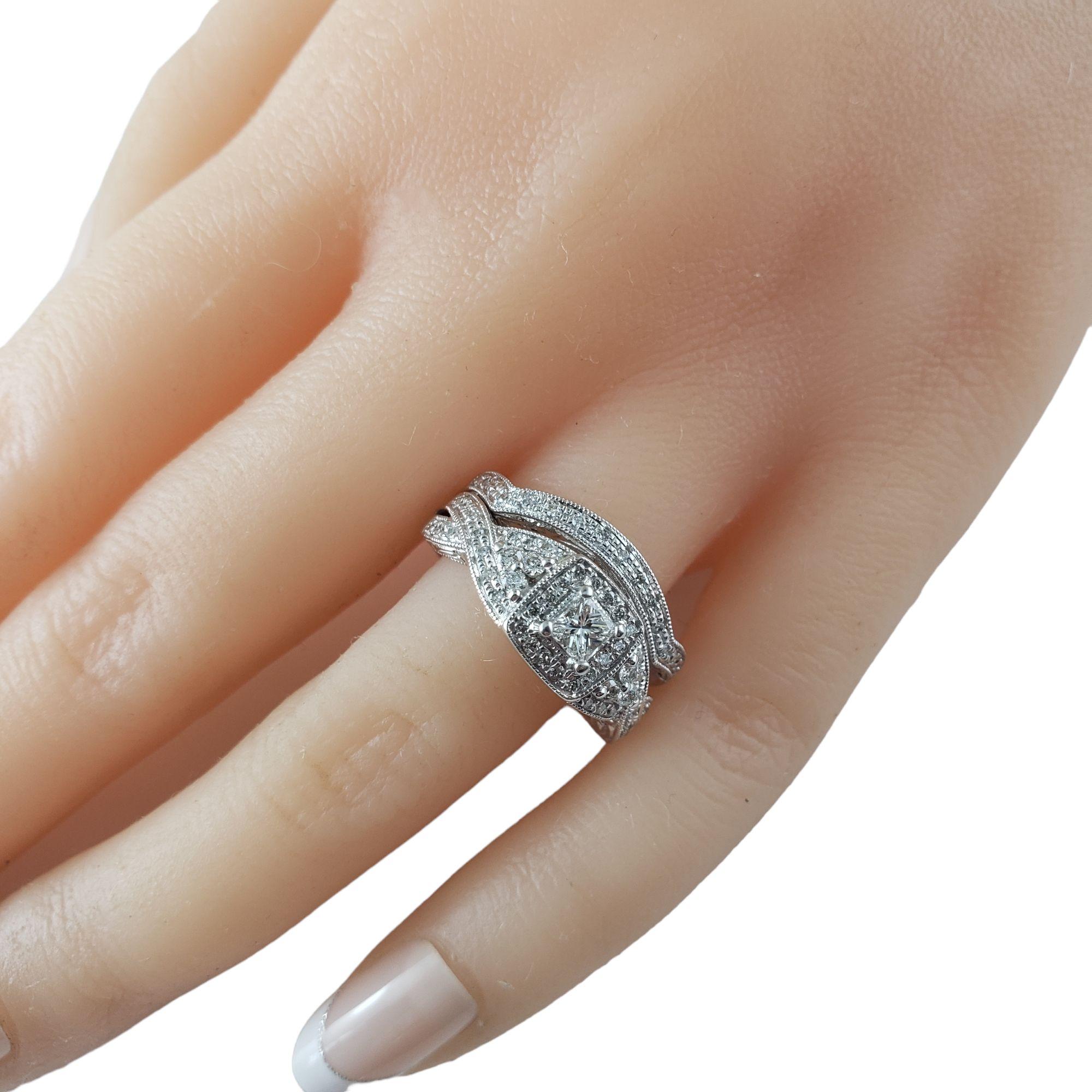 14 Karat White Gold Diamond Halo Engagement Ring and Wedding Band Set Ring Size  For Sale 1
