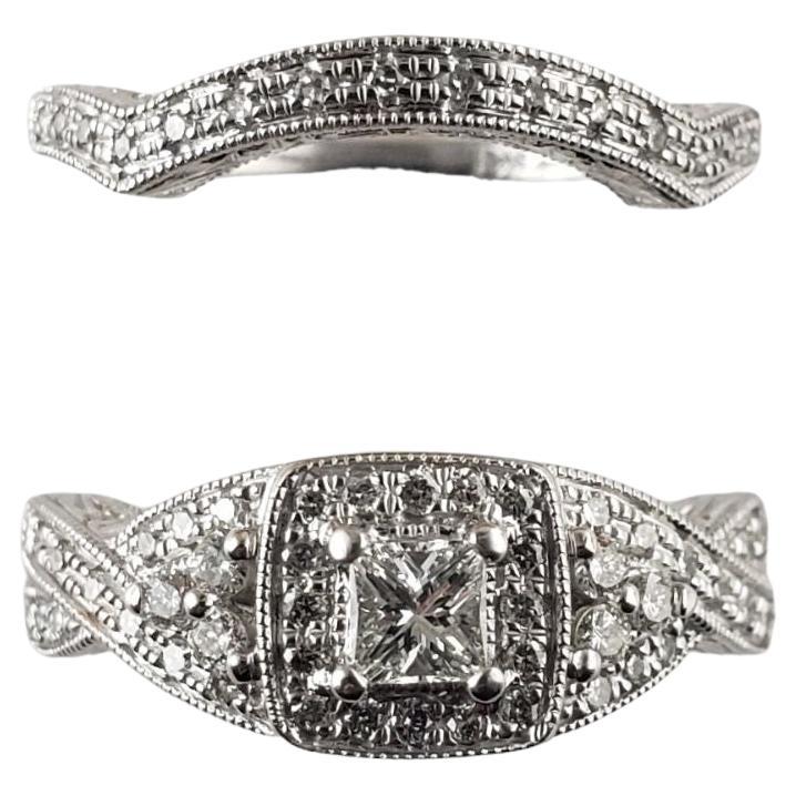 14 Karat White Gold Diamond Halo Engagement Ring and Wedding Band Set Ring Size  For Sale