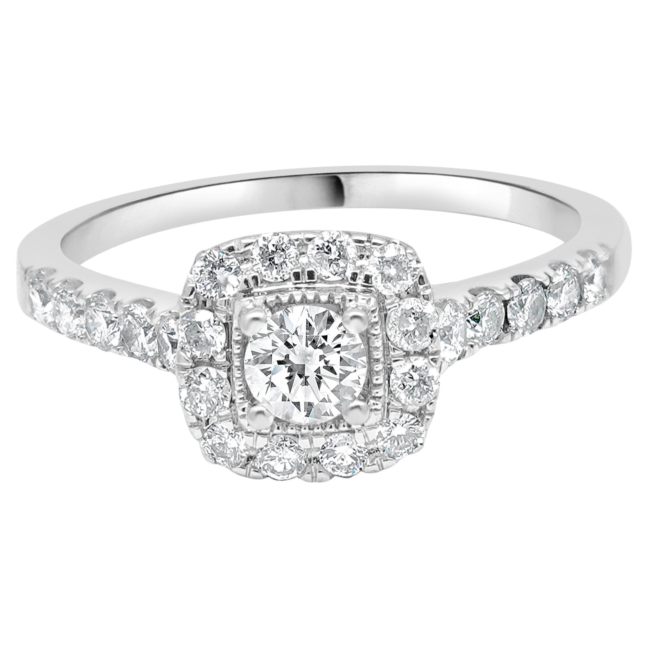 14 Karat White Gold Diamond Halo Engagement Ring For Sale