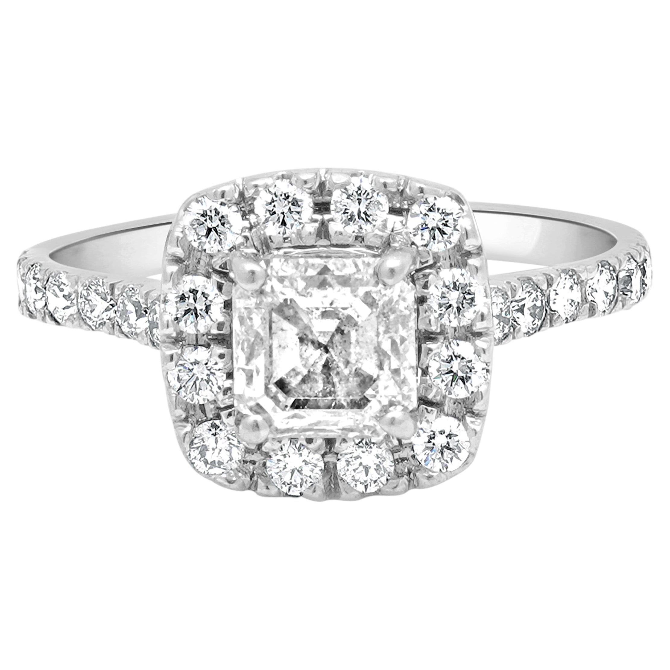 14 Karat White Gold Diamond Halo Engagement Ring For Sale