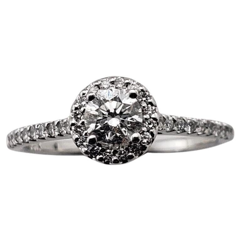 14 Karat White Gold Diamond Halo Engagement Ring For Sale