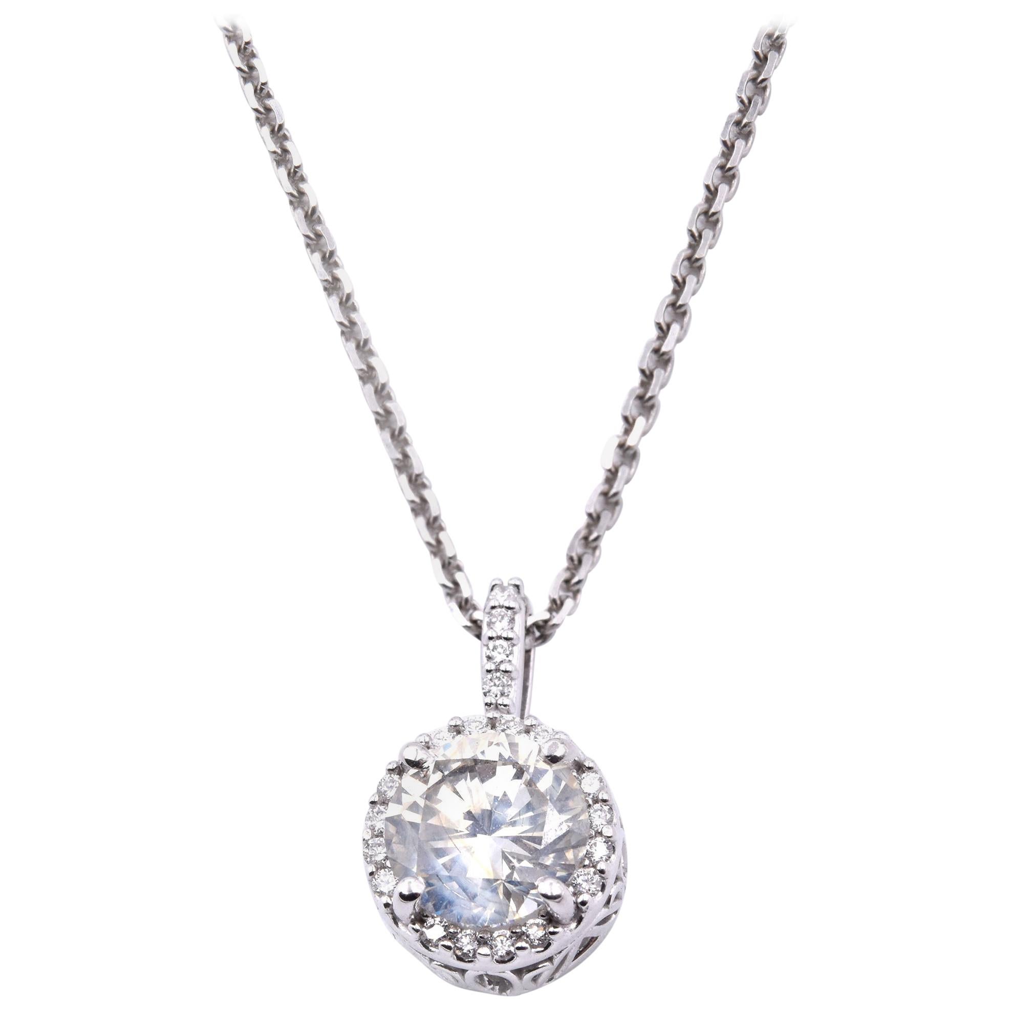 14 Karat White Gold Diamond Halo Necklace For Sale