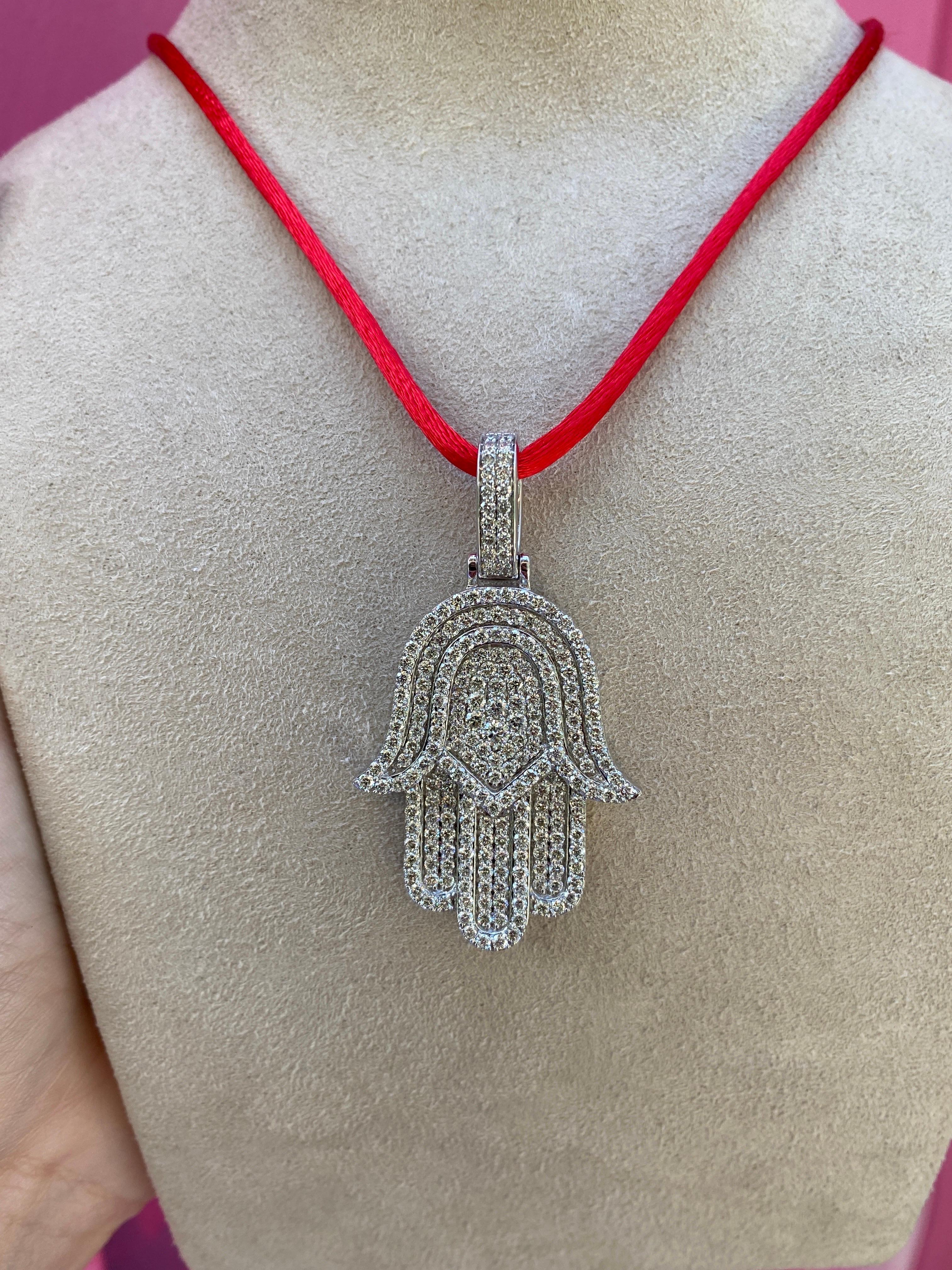 Women's or Men's 14 Karat White Gold Diamond Hamsa Pendant Necklace  For Sale