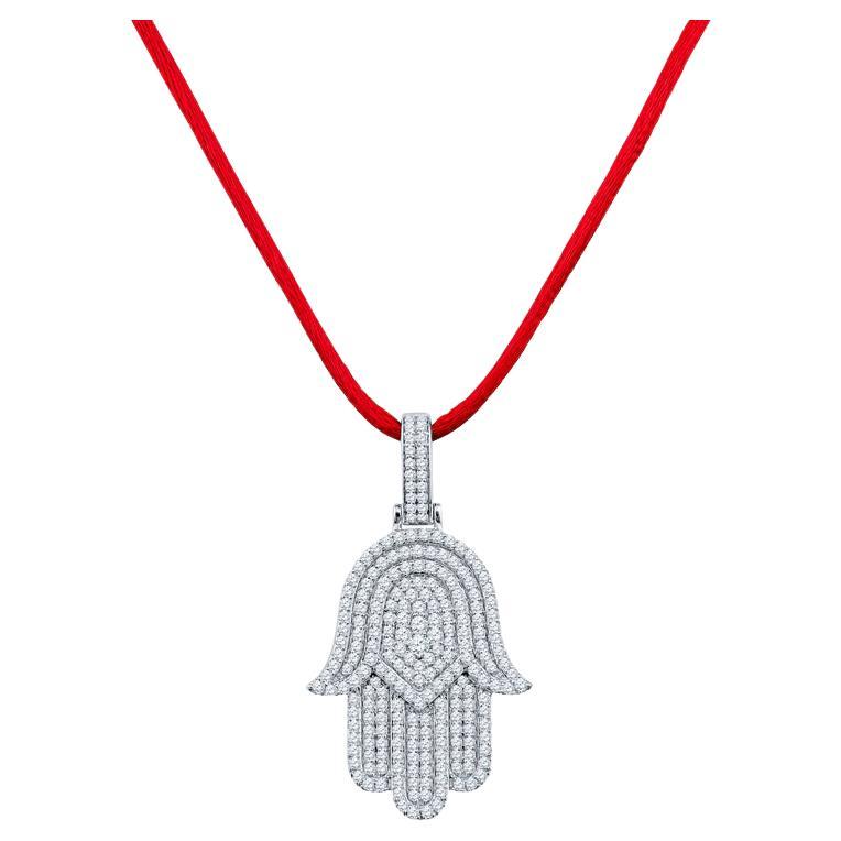 14 Karat White Gold Diamond Hamsa Pendant Necklace 