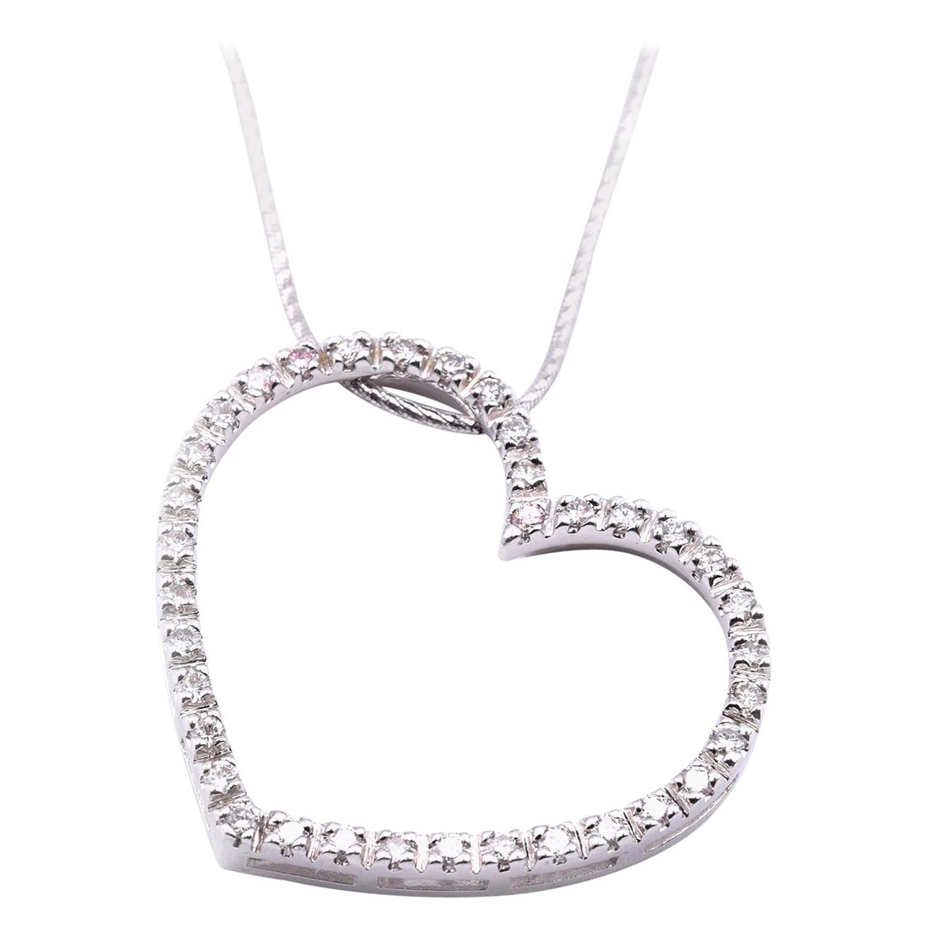 14 Karat White Gold Diamond Heart Necklace