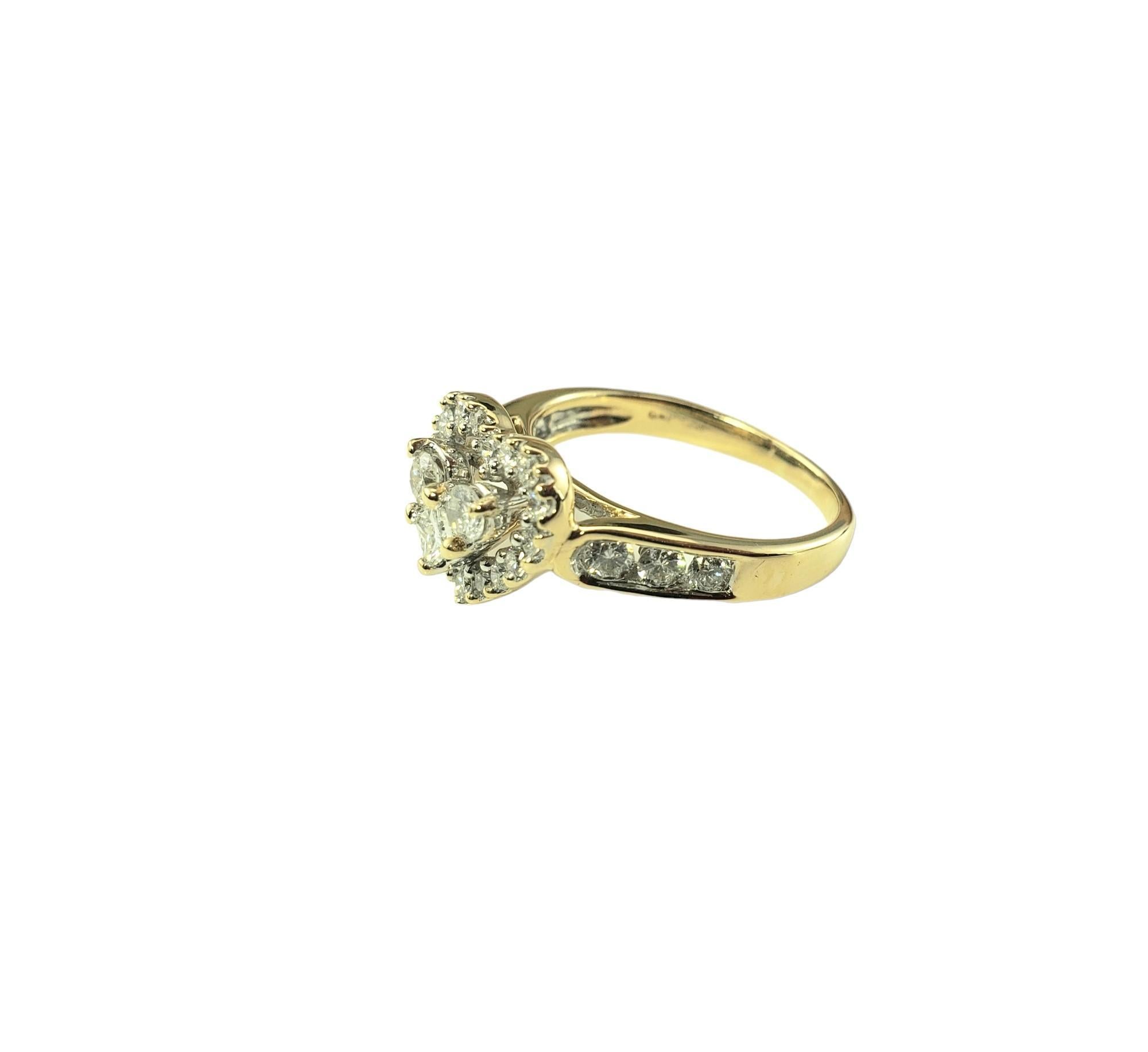 14 Karat Yellow Gold Diamond Heart Ring Size 6.25-

This stunning heart ring features 24 round brilliant cut diamonds and one princess cut diamond set in beautifully detailed 14K yellow gold.  Width: 10 mm.  
Shank:  2 mm.

Approximate total diamond