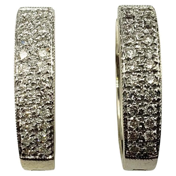 14 Karat White Gold Diamond Hoop Earrings For Sale