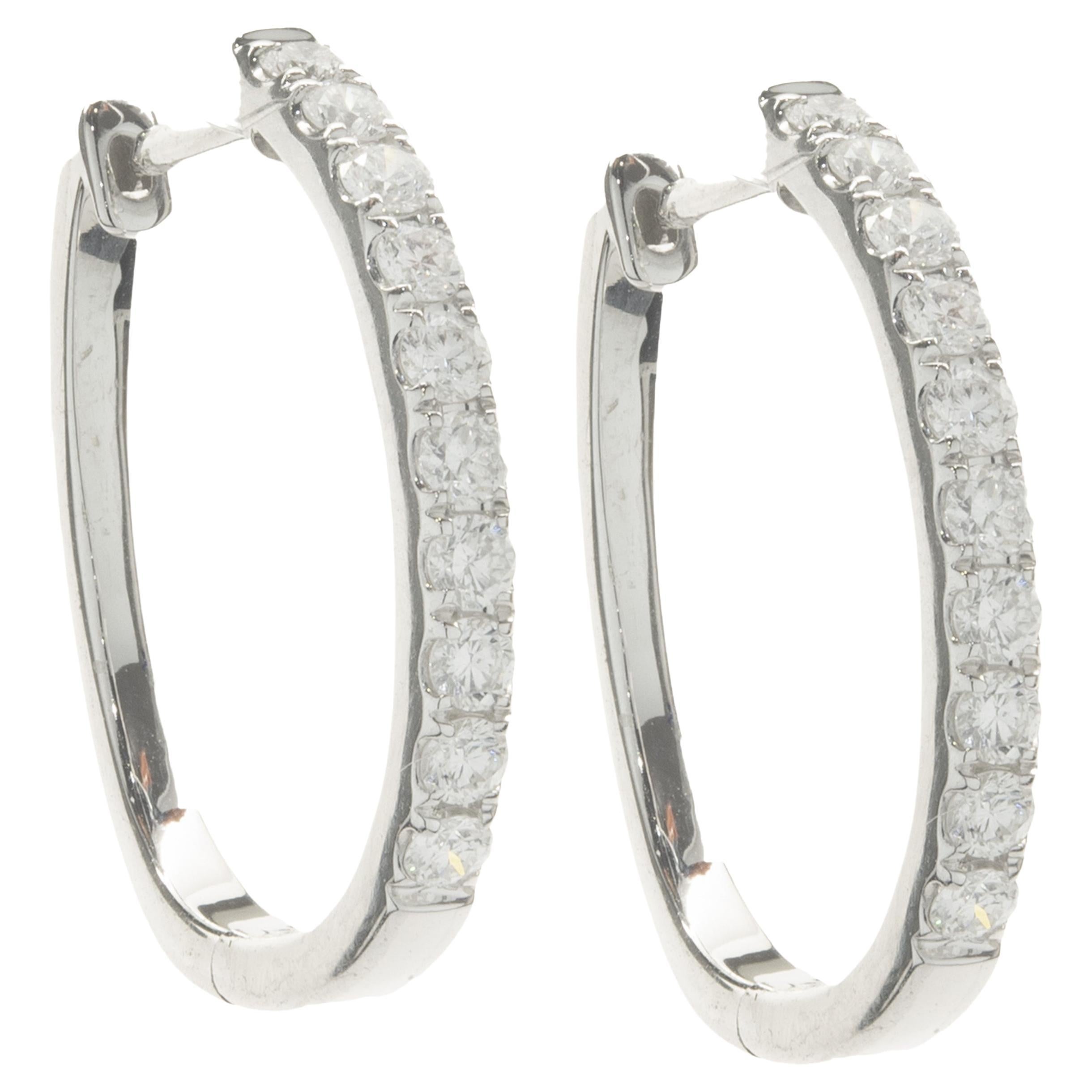 14 Karat White Gold Diamond Hoop Earrings For Sale