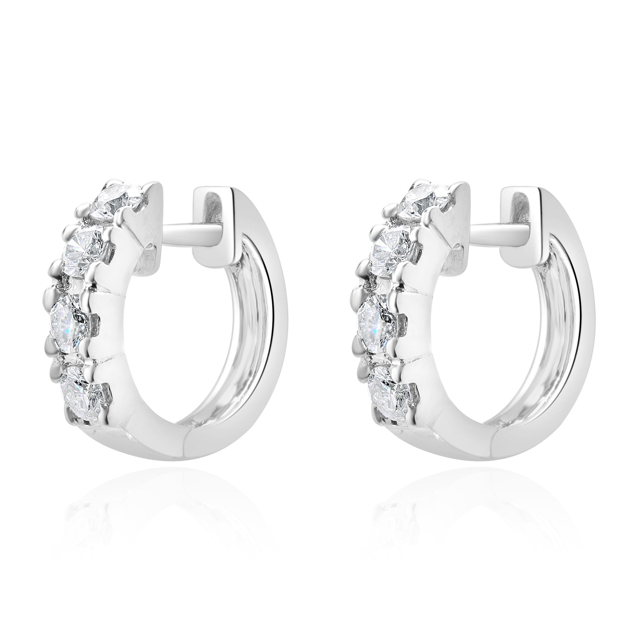 Designer: custom design
Material: 18K white gold
Diamonds: 8 round brilliant cut =0.48cttw
Color: H 
Clarity: SI1-2
Dimensions: earrings measure 13.20mm 
Weight: 3.63 grams
