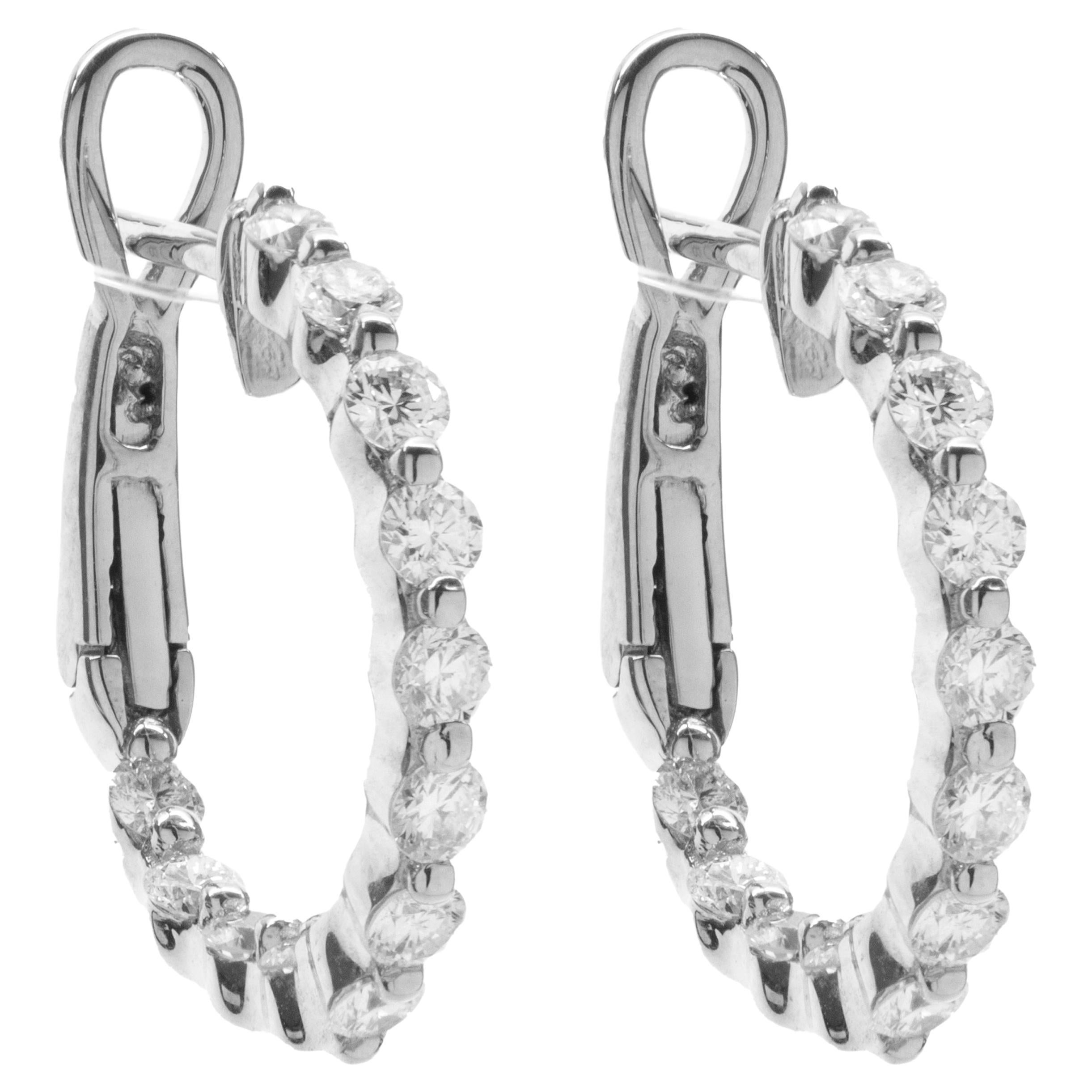 14 Karat White Gold Diamond Huggie Hoop Earrings