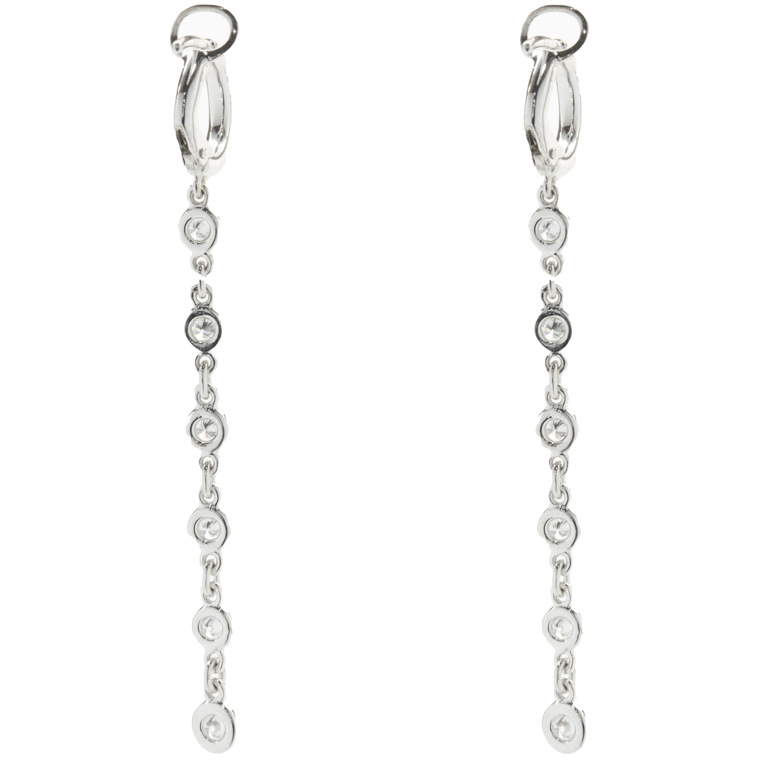 Round Cut 14 Karat White Gold Diamond Huggie Hoop Earrings with Diamonds by the Yard Drop