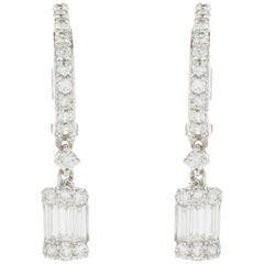 14 Karat White Gold Diamond Huggie Hoop Earrings with Mosaic Drop