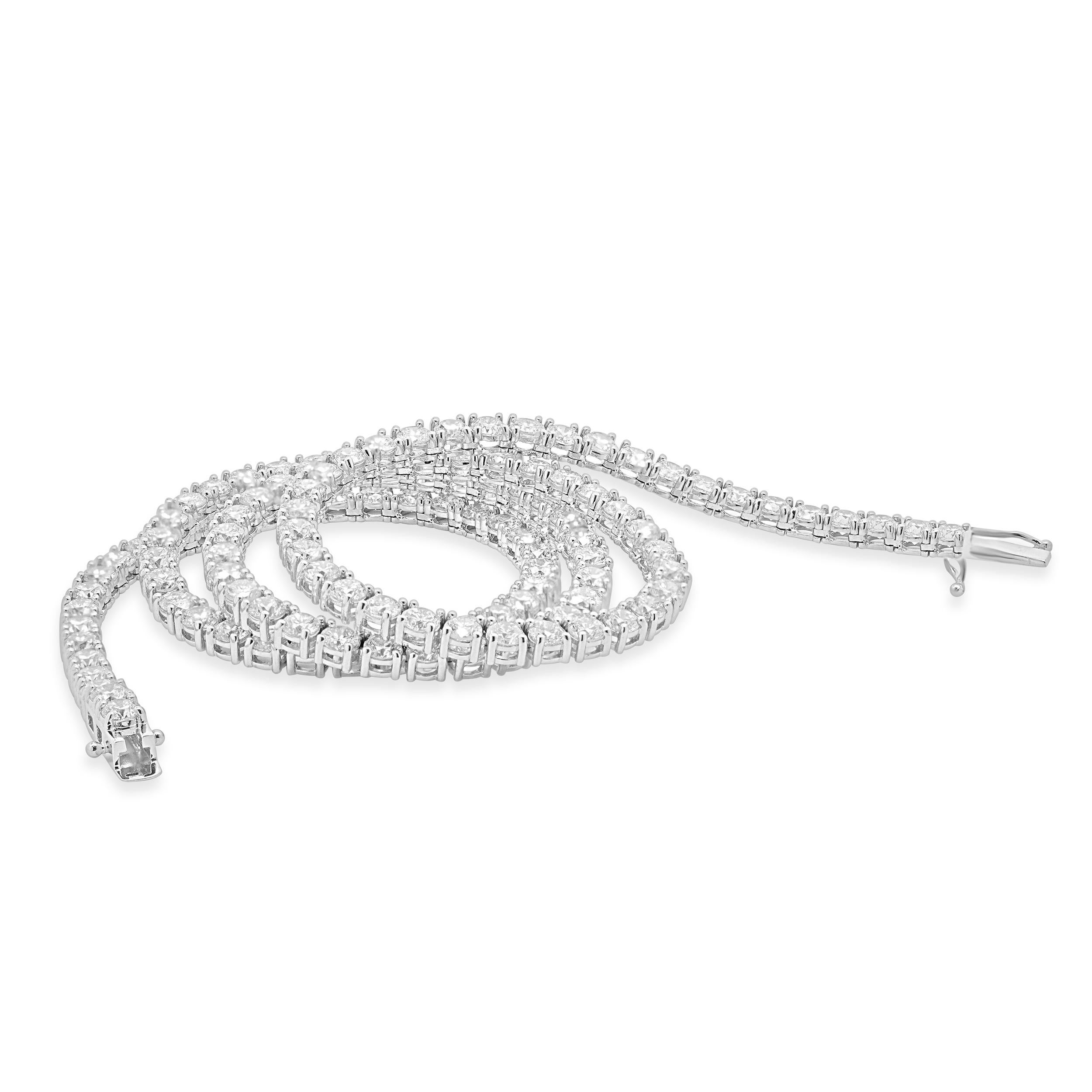 Round Cut 14 Karat White Gold Diamond Inline Tennis Necklace For Sale