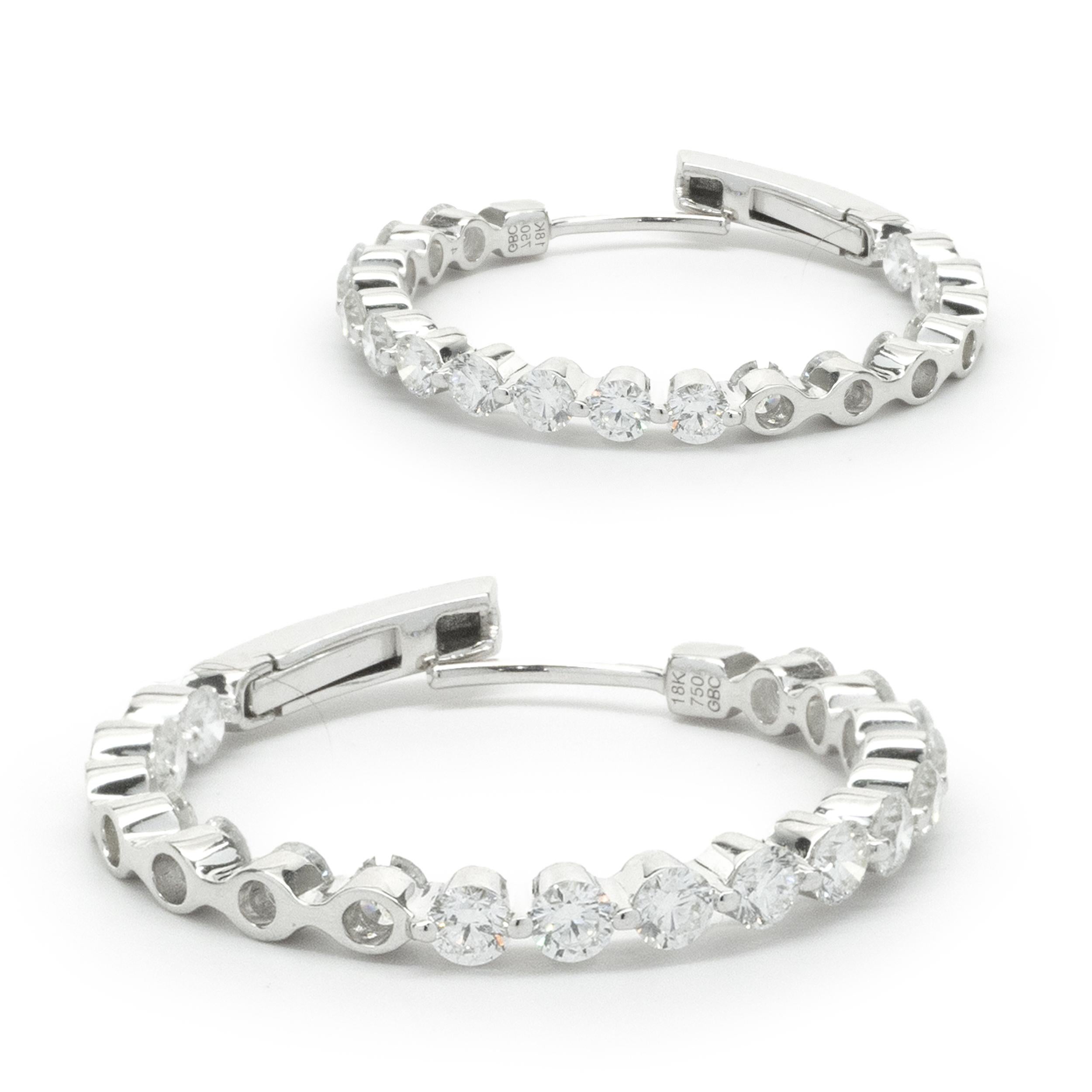 Round Cut 14 Karat White Gold Diamond Inside and Outside Hoop Earrings For Sale