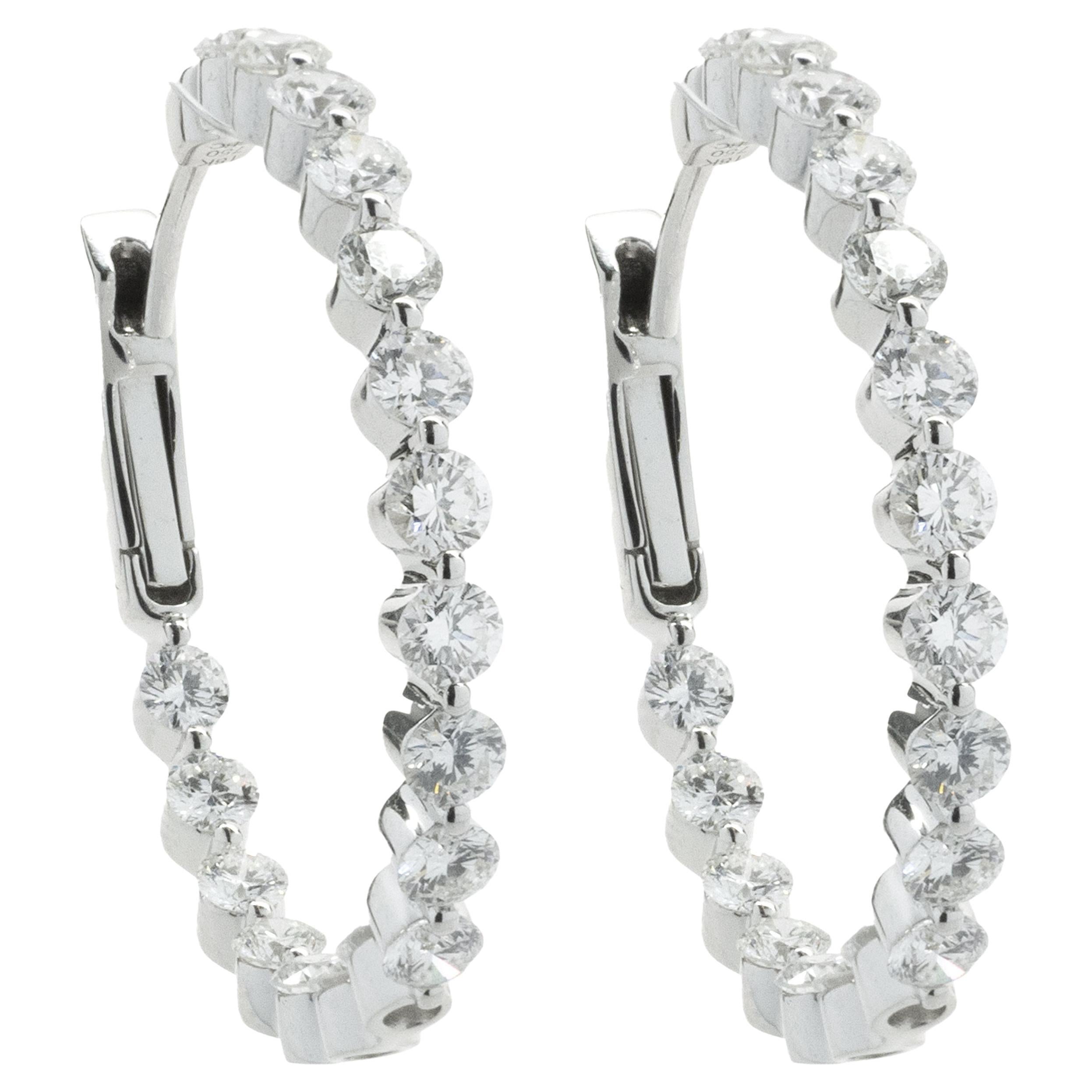 14 Karat White Gold Diamond Inside and Outside Hoop Earrings For Sale