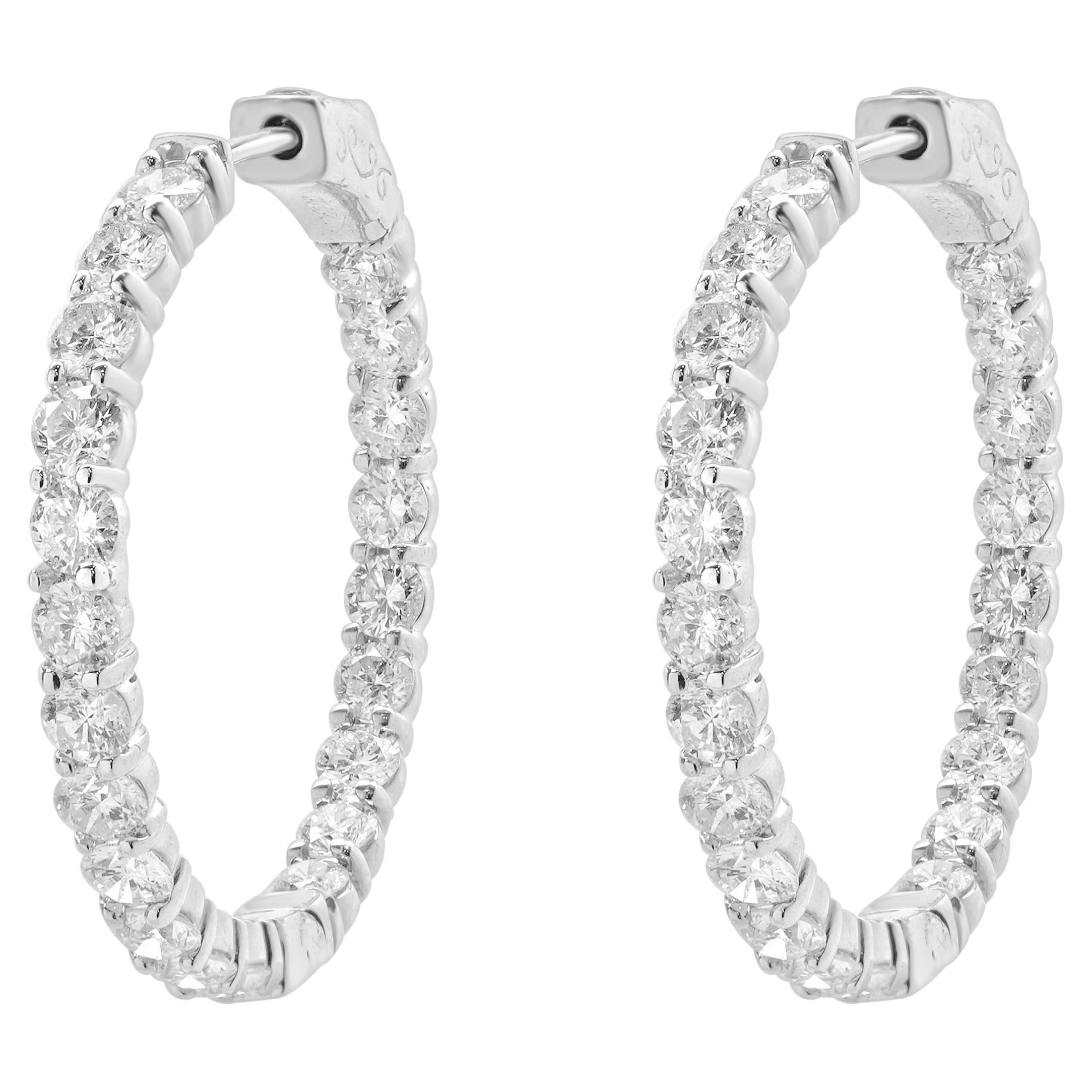 14 Karat White Gold Diamond Inside and Outside Hoops For Sale