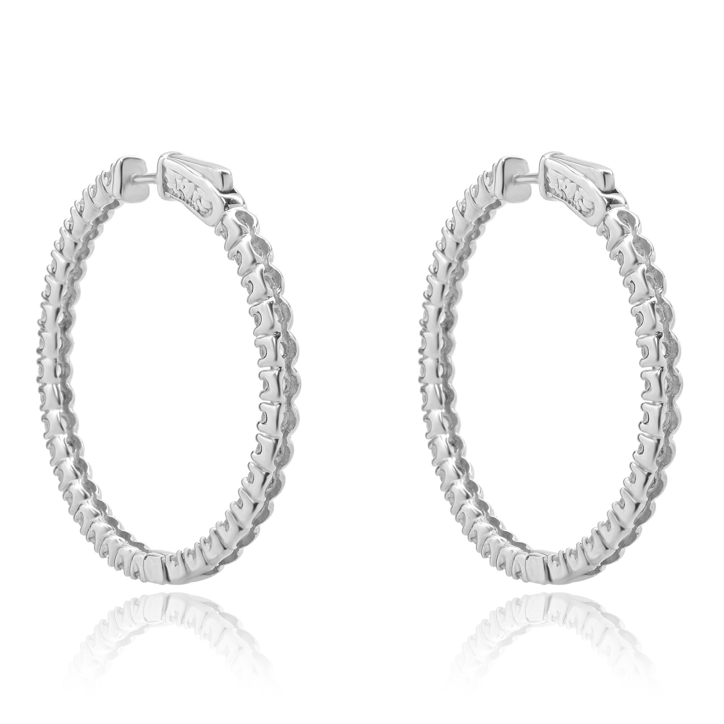 Round Cut 14 Karat White Gold Diamond Inside Outside 35MM Hoop Earrings