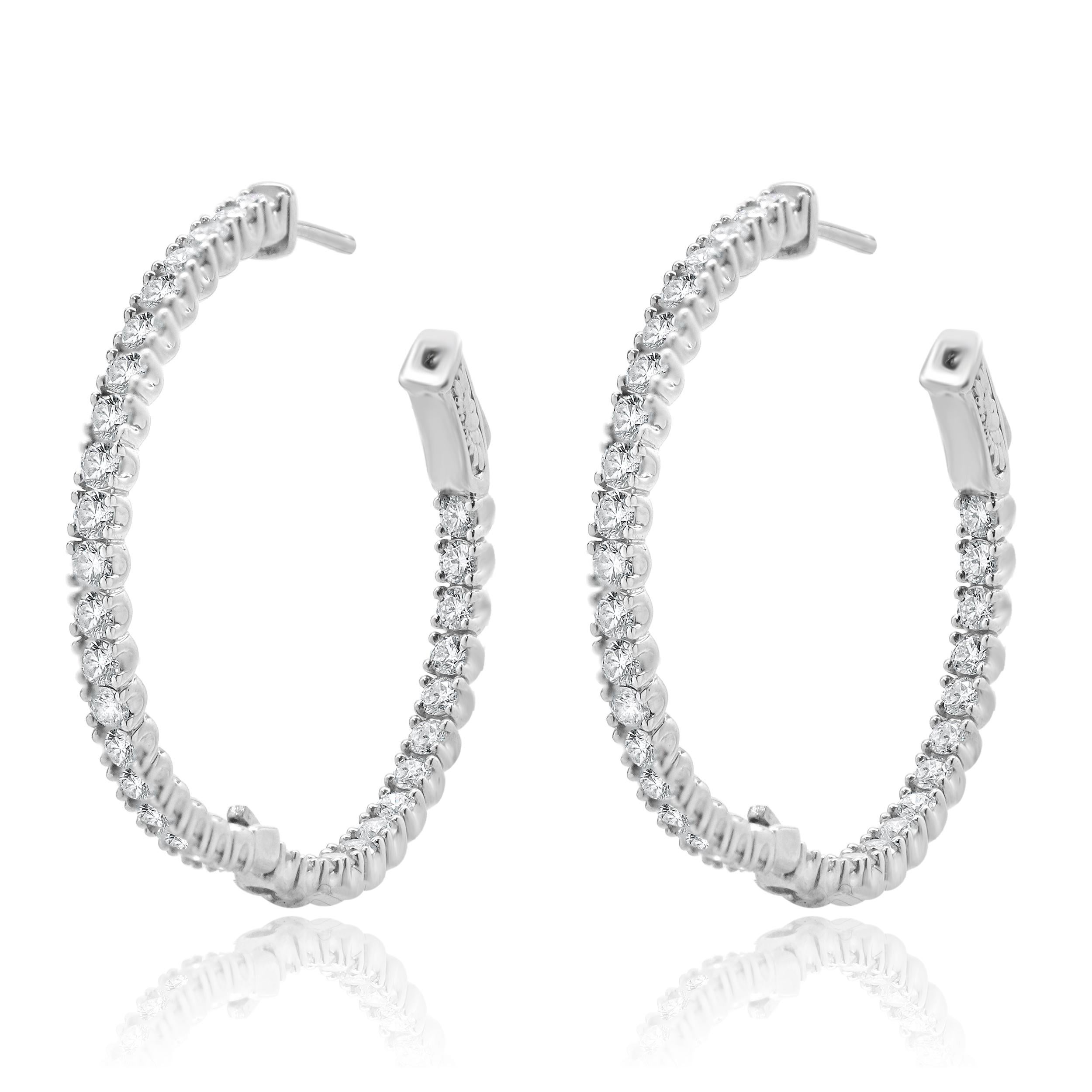 14 Karat White Gold Diamond Inside Outside 35MM Hoop Earrings In Excellent Condition In Scottsdale, AZ