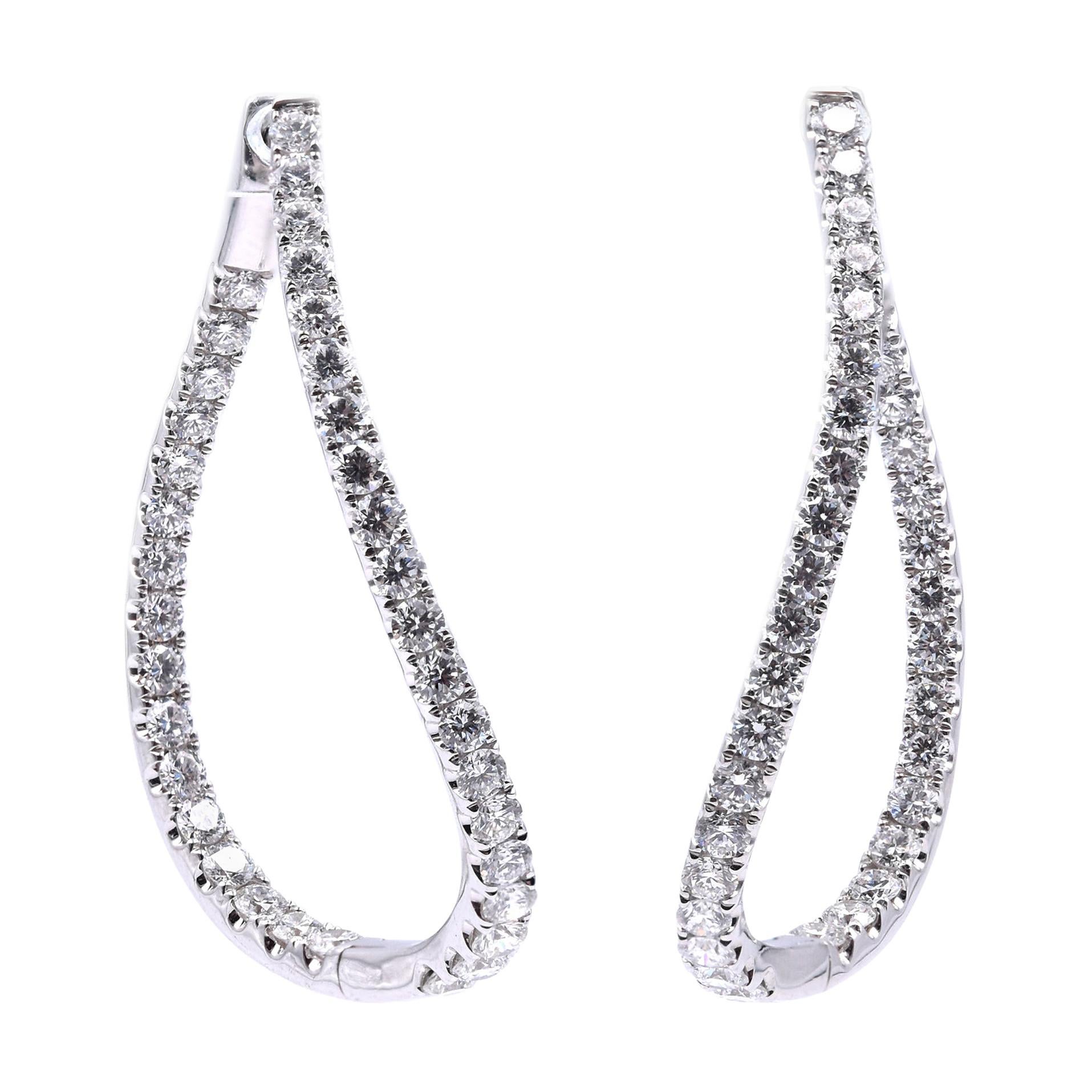 14 Karat White Gold Diamond Inside Outside Curved Hoop Earrings