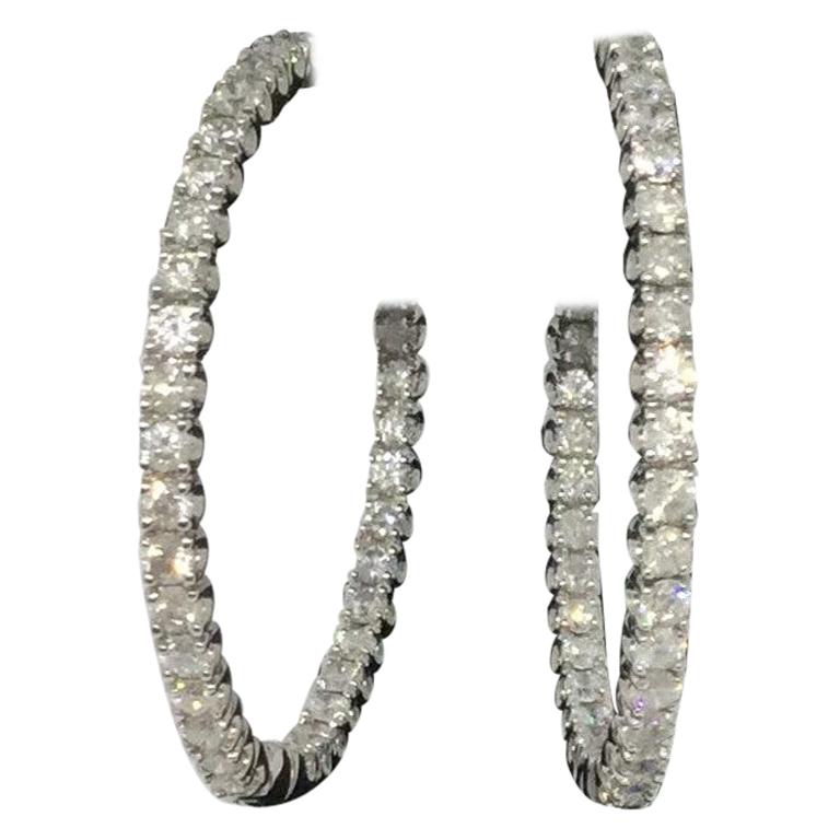 14 Karat White Gold Diamond Inside/Outside Hoop Earrings 2.50 Carat For Sale