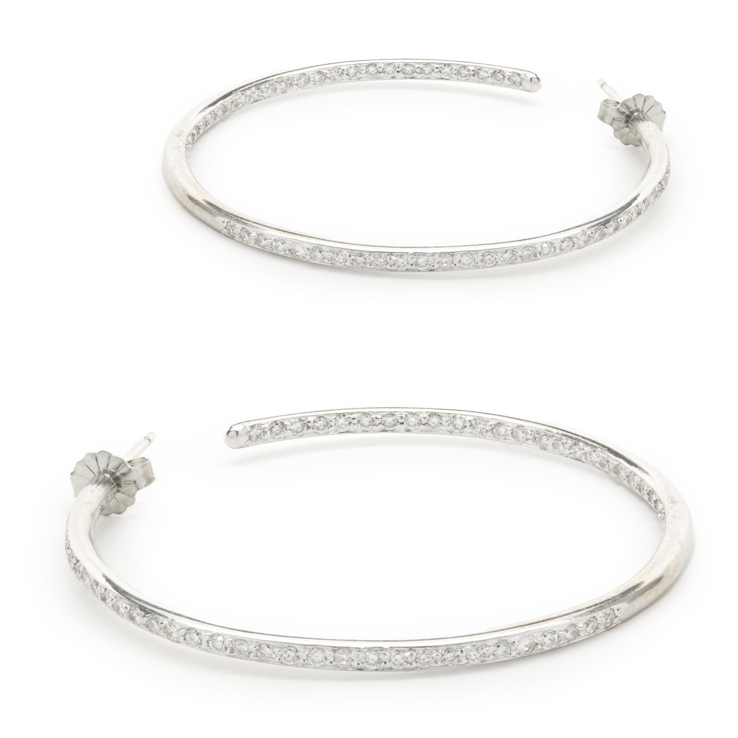 Round Cut 14 Karat White Gold Diamond Inside Outside Hoop Earrings