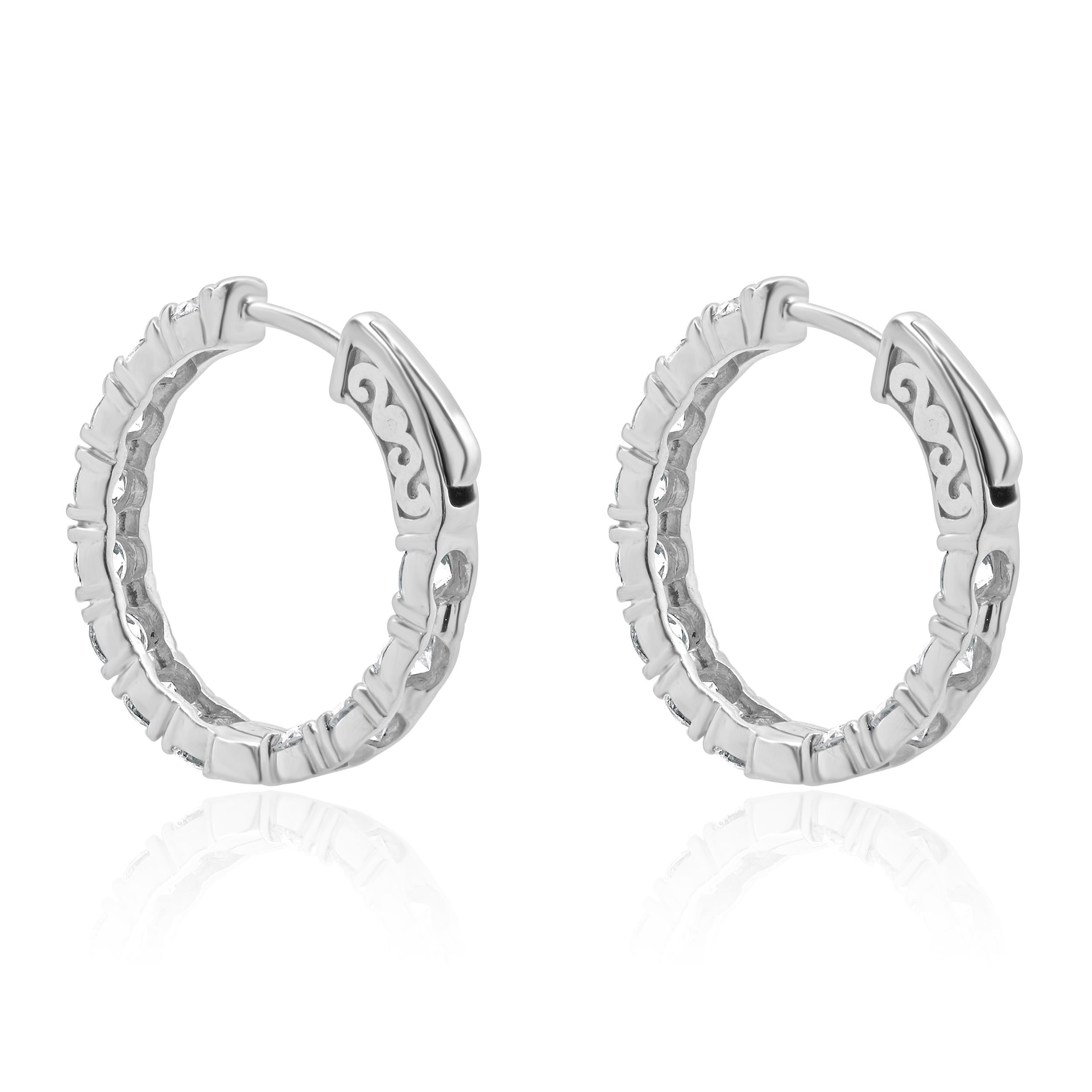 Round Cut 14 Karat White Gold Diamond Inside Outside Hoop Earrings