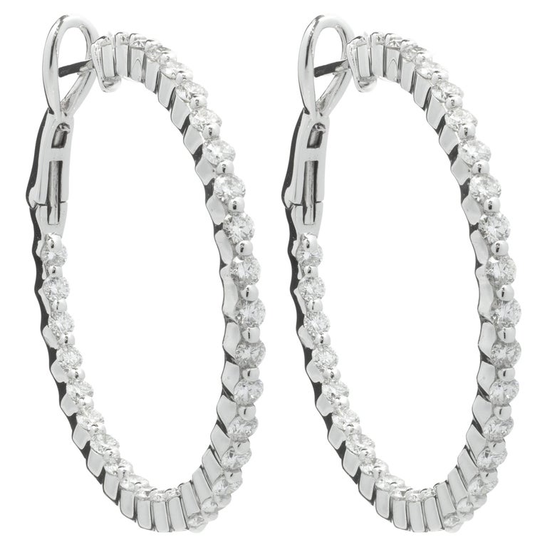 14 Karat White Gold Diamond Inside Outside Hoop Earrings For Sale at ...