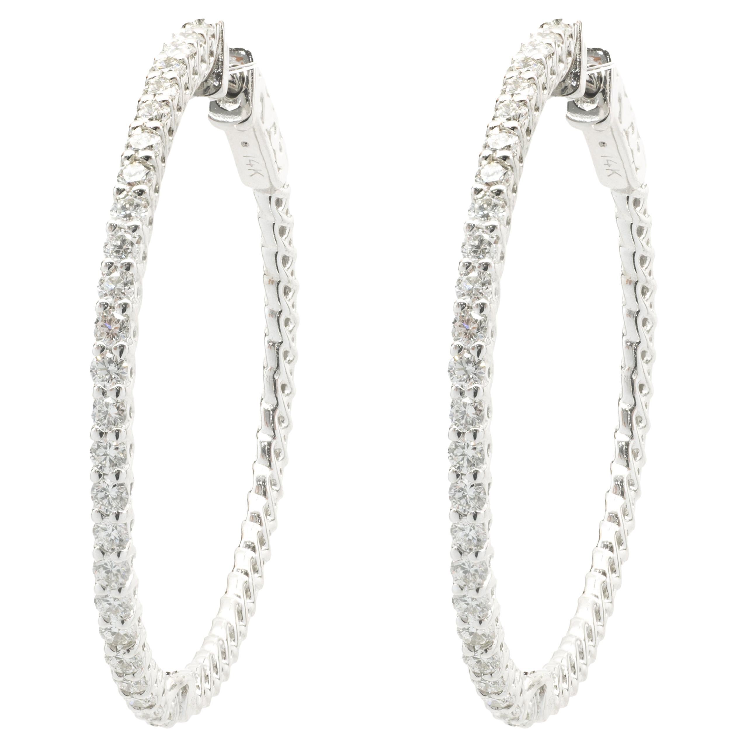 14 Karat White Gold Diamond Inside Outside Hoop Earrings For Sale