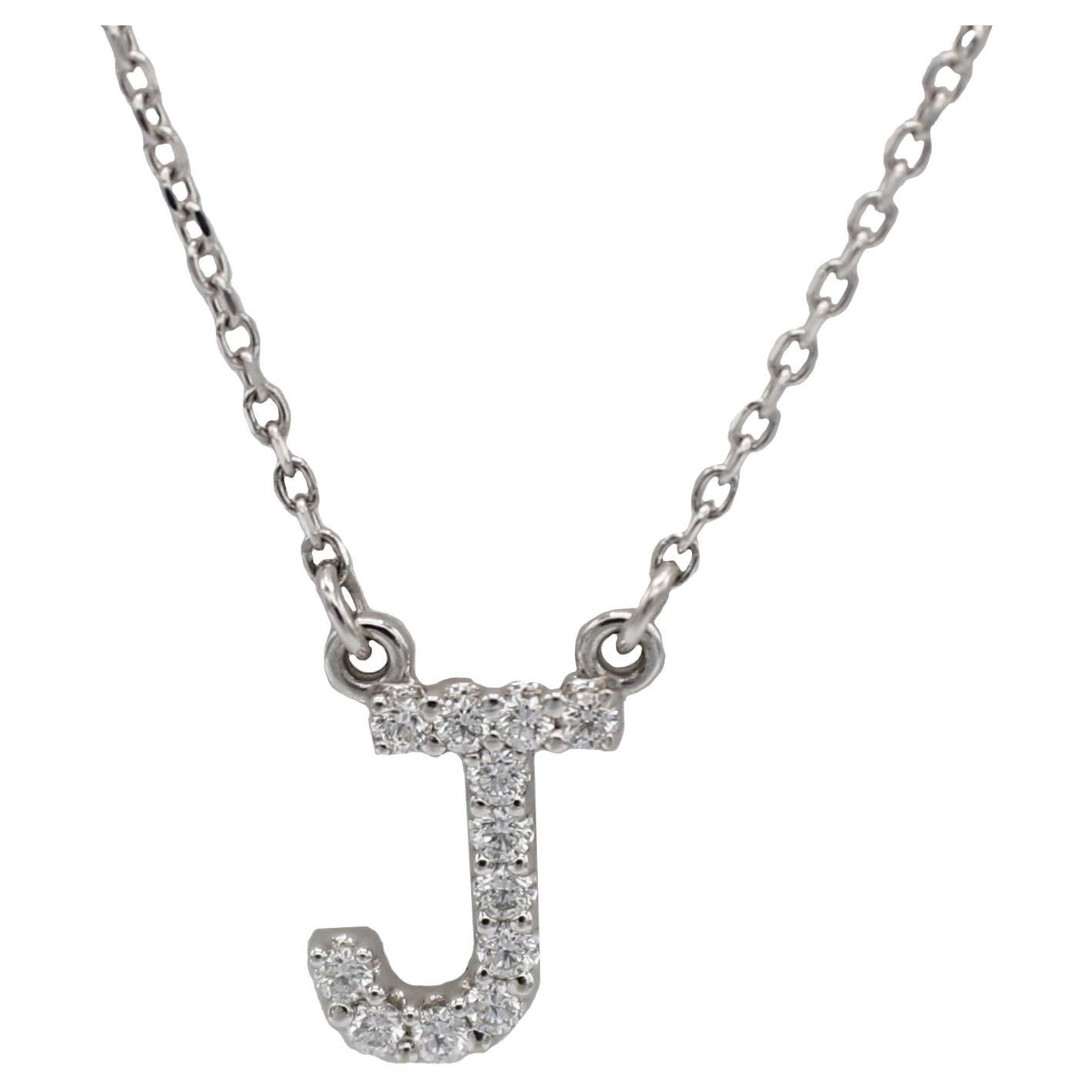 14 Karat White Gold Natural Diamond "J" Letter Initial Pendant Necklace For Sale