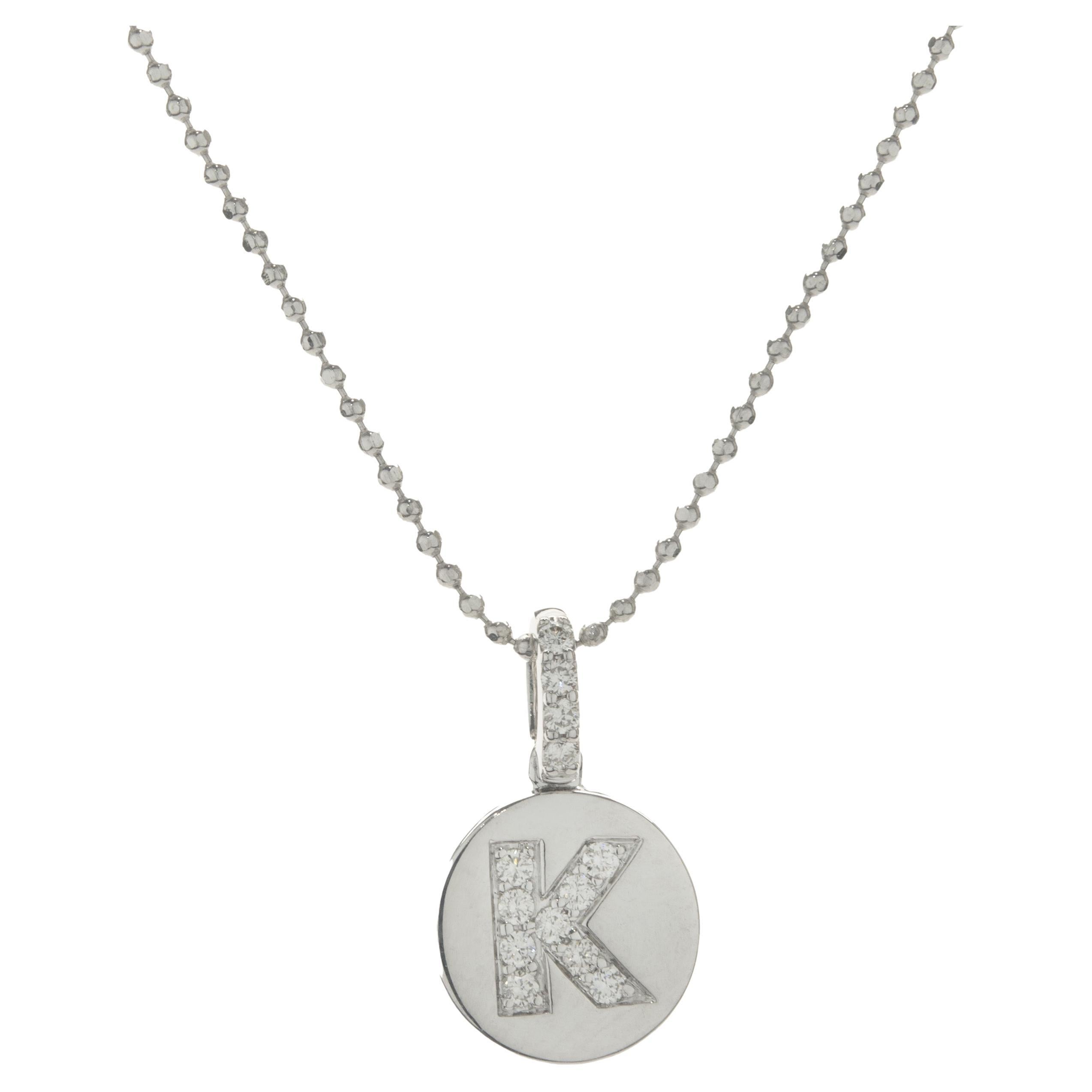 14 Karat White Gold Diamond “K” Necklace For Sale