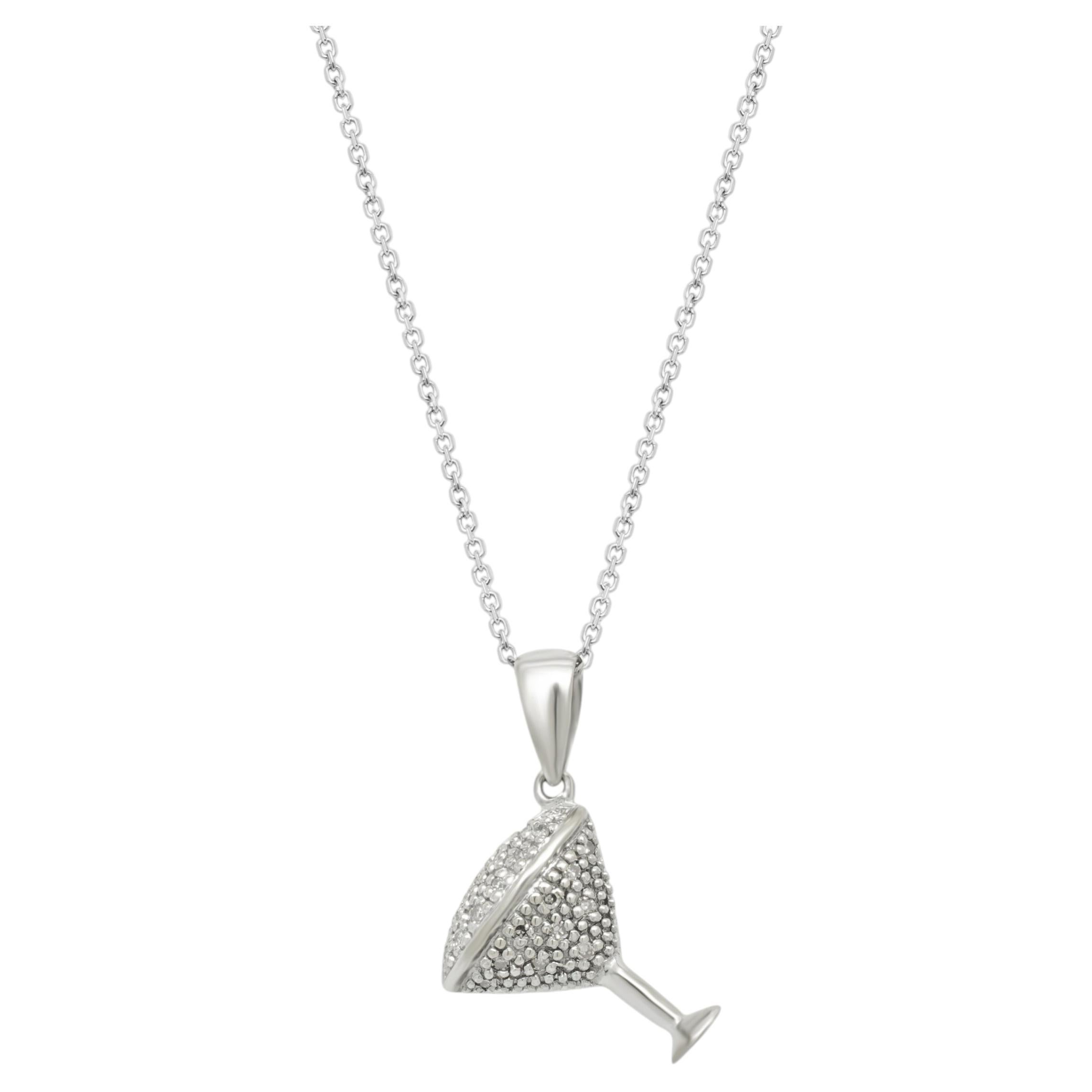 14 Karat White Gold Diamond Martini Glass Necklace For Sale