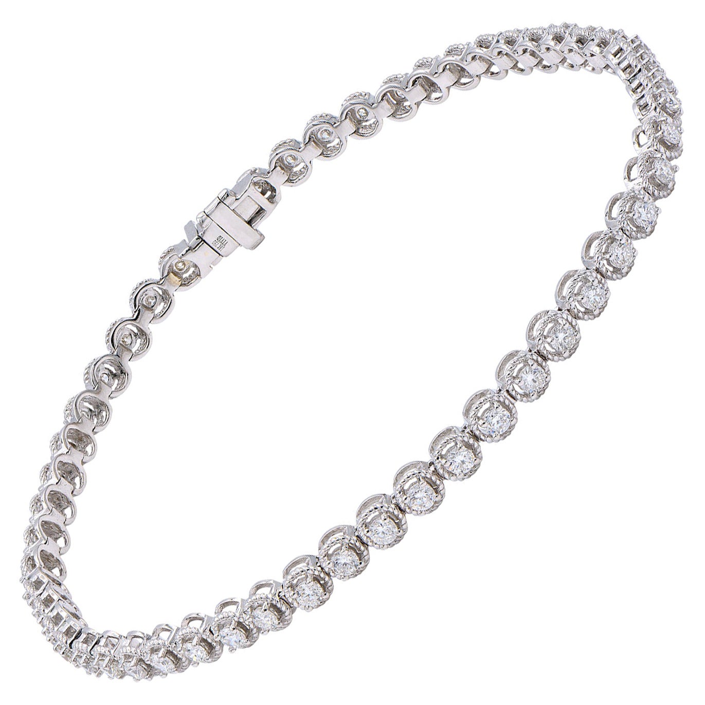 14 Karat White Gold Diamond Millgrain Bracelet For Sale