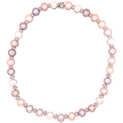 14 Karat White Gold Diamond Multi-Color Cultured Pearl Necklace