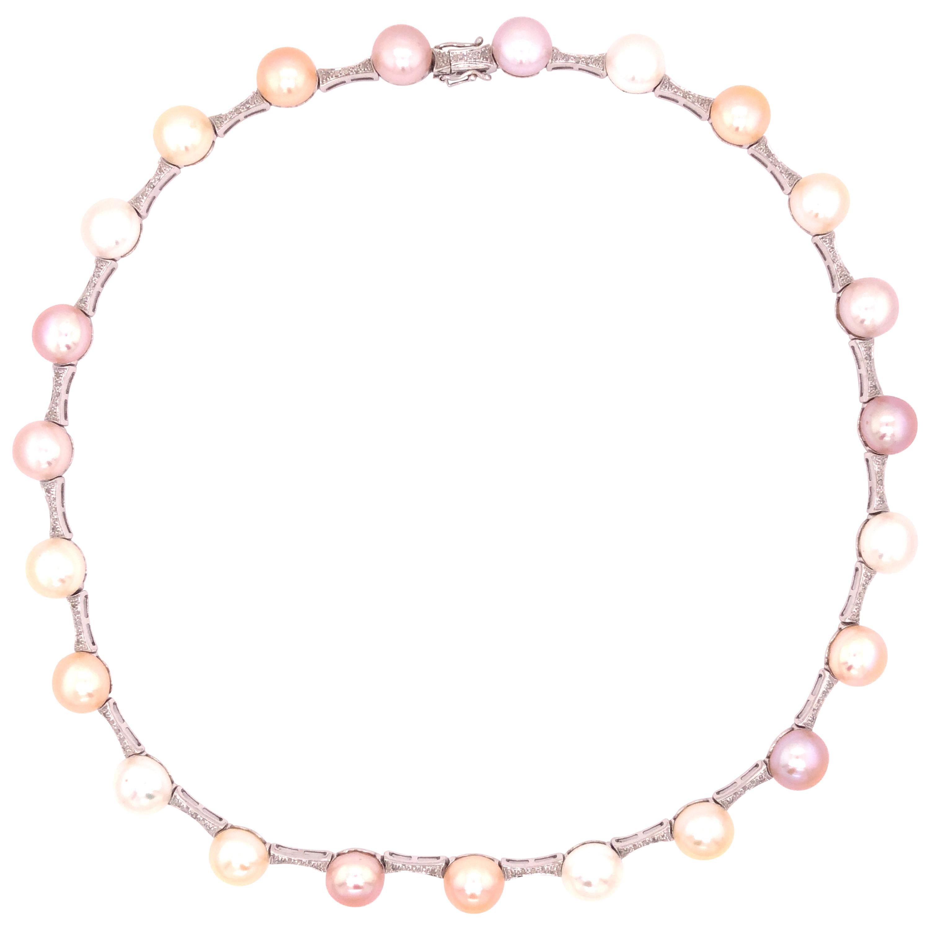 14 Karat White Gold Diamond Multi-Color Cultured Pearl Necklace
