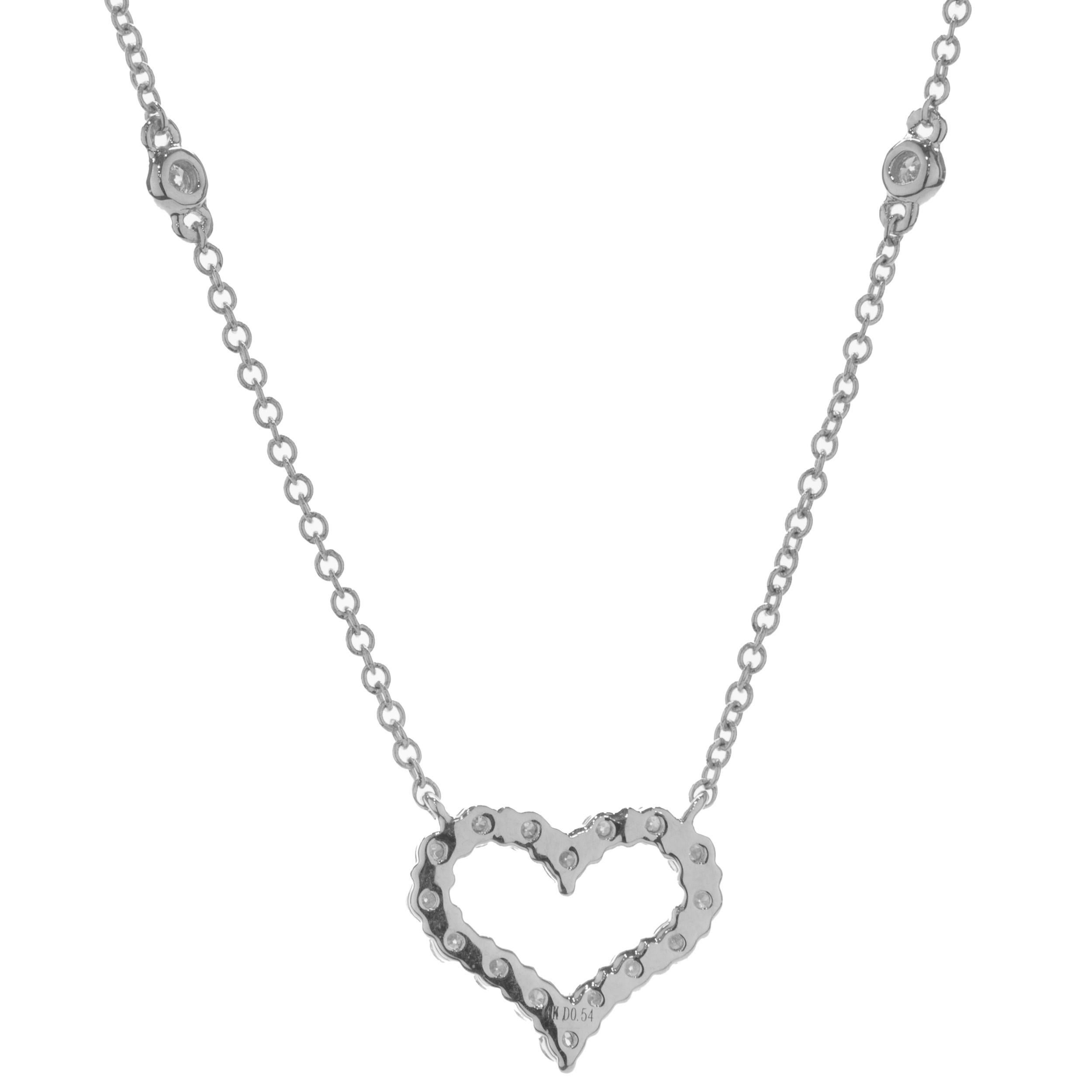Round Cut 14 Karat White Gold Diamond Open Heart Necklace For Sale
