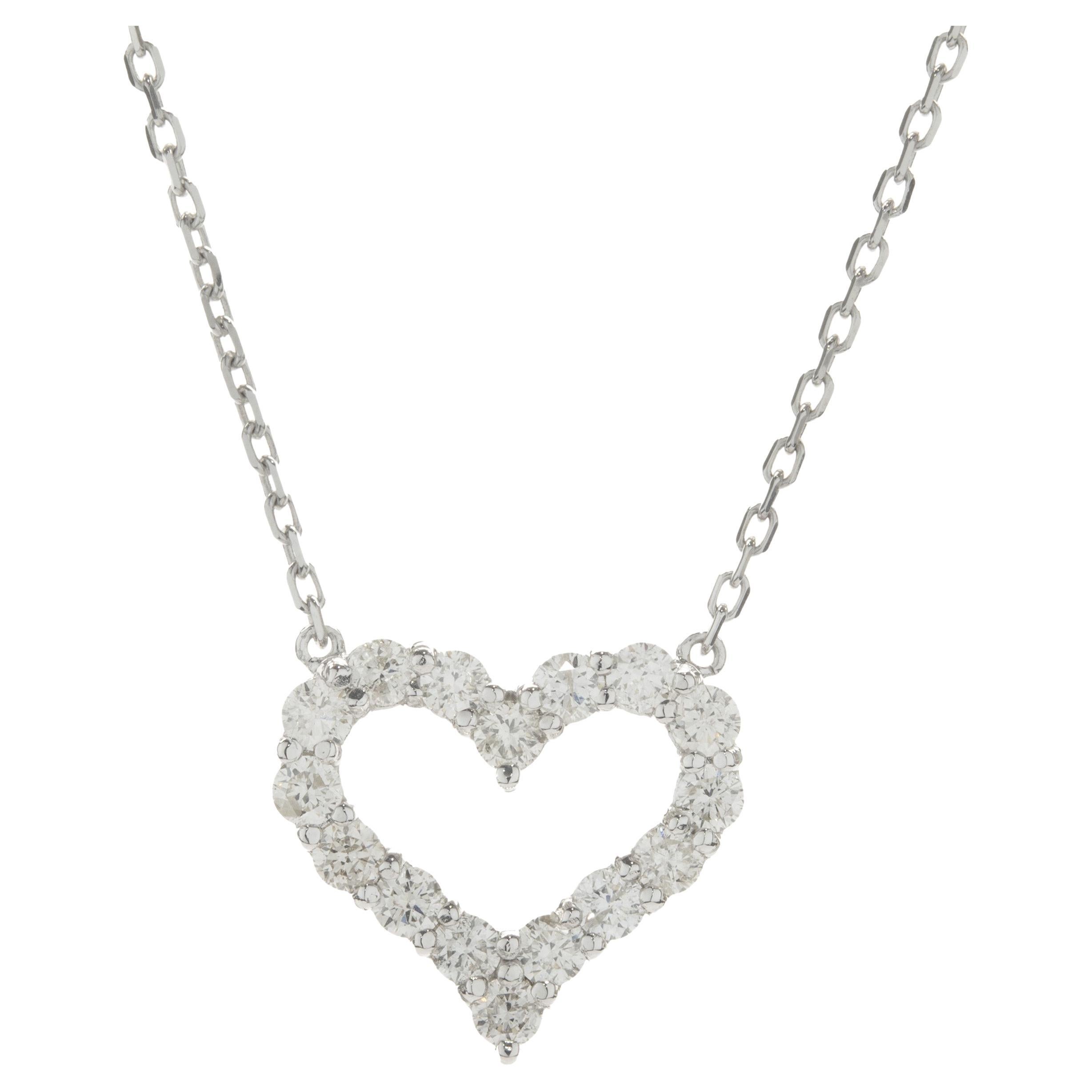 14 Karat White Gold Diamond Open Heart Necklace For Sale