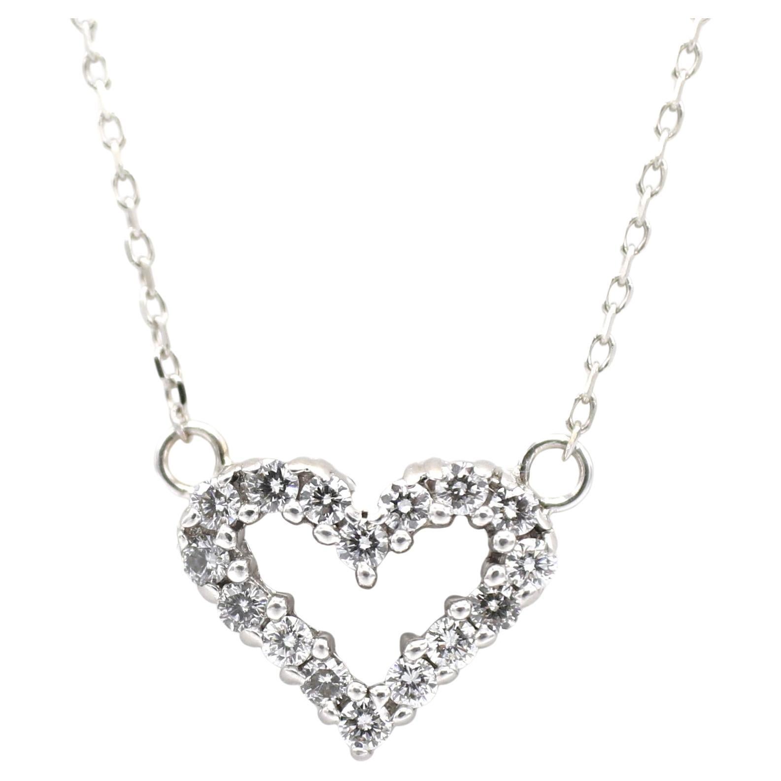14 Karat White Gold Natural Diamond Open Heart Pendant Drop Necklace For Sale