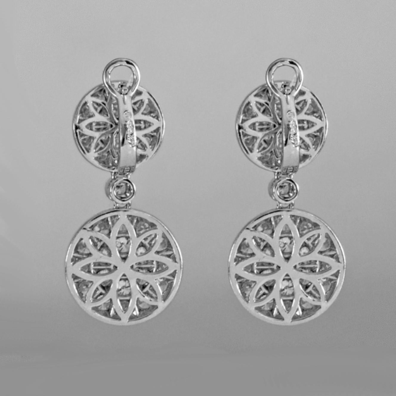 Contemporary 14 Karat White Gold Diamond Pave Round Disc Earrings For Sale