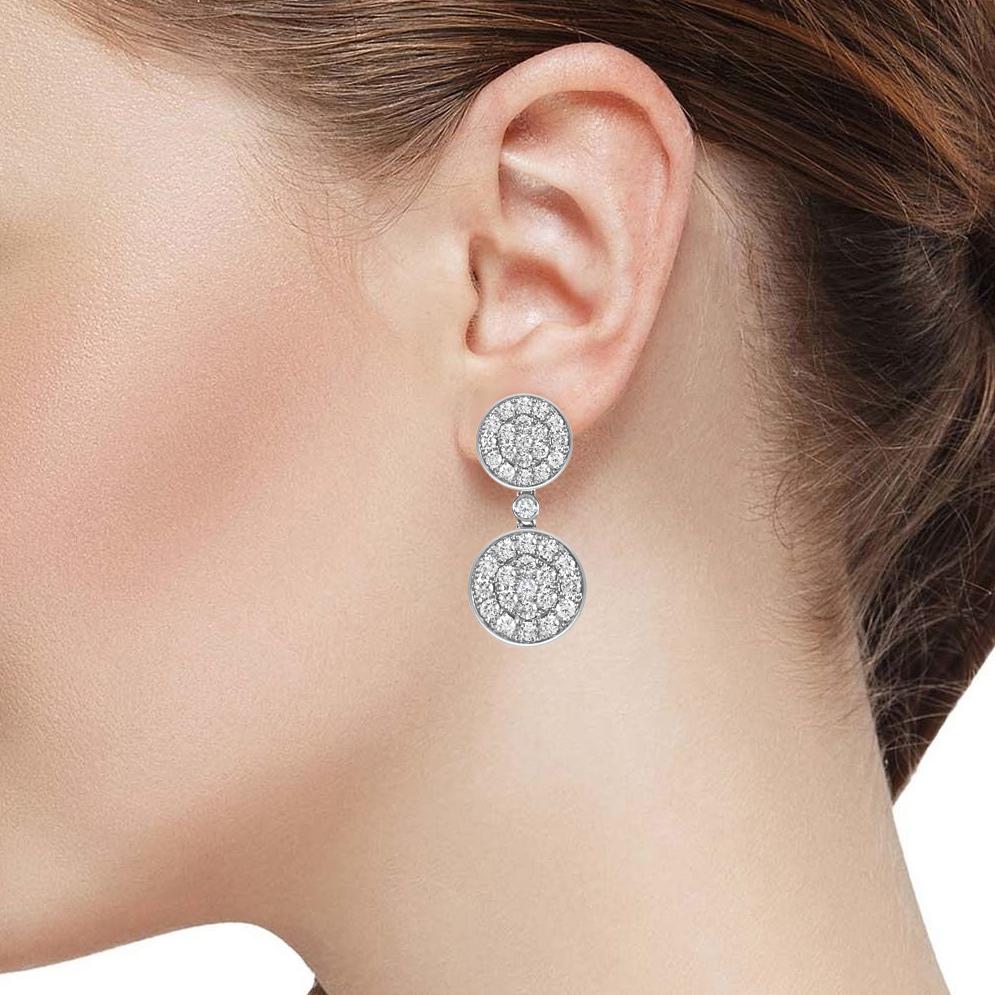 Round Cut 14 Karat White Gold Diamond Pave Round Disc Earrings For Sale