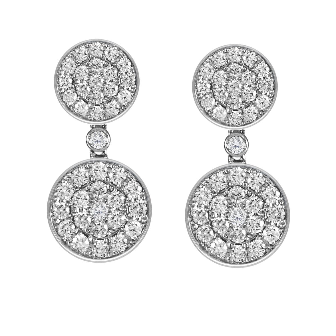 14 Karat White Gold Diamond Pave Round Disc Earrings For Sale