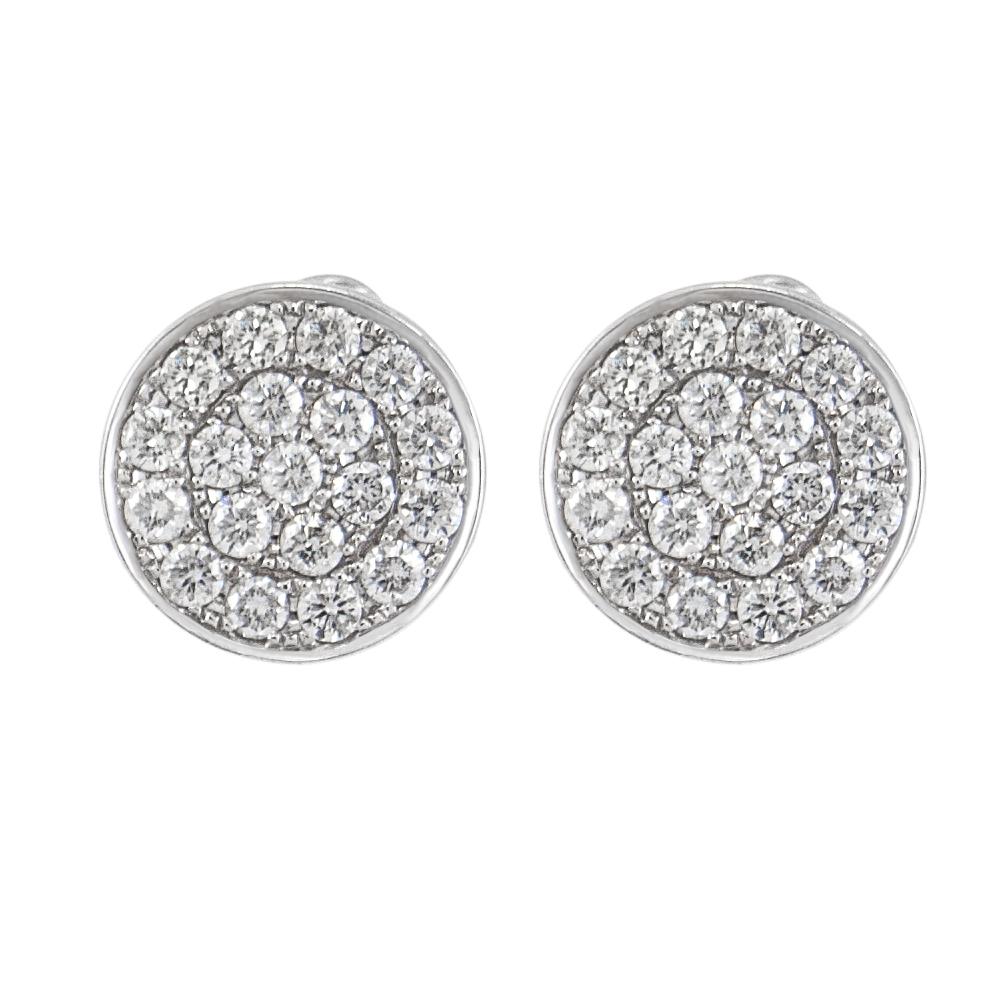 Charming and stylish these round disc earrings are pavé-set totaling 2.35 carats white diamonds (G-H color and SI1 clarity) crafted in 14 karat white gold. Approximate diameter is 15/8 inches. For security and ease of use the clasps are omega back